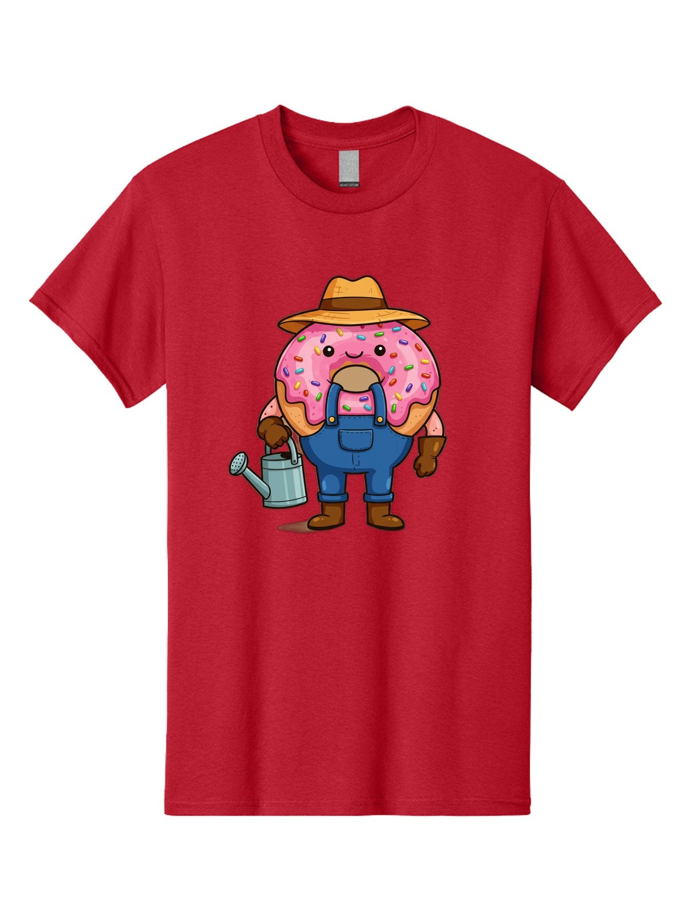 Donut-Farmer Men'S Graphic Tee, 100% Cotton, Comfortable Casual Summer Wear, Machine Washable, Donut Character, Farmer Illustration, Watering Can, Blue Overalls, Brown Boots, Hat, Rainbow Sprinkles, Pink Frosting, Cartoon Style, Baa506 5