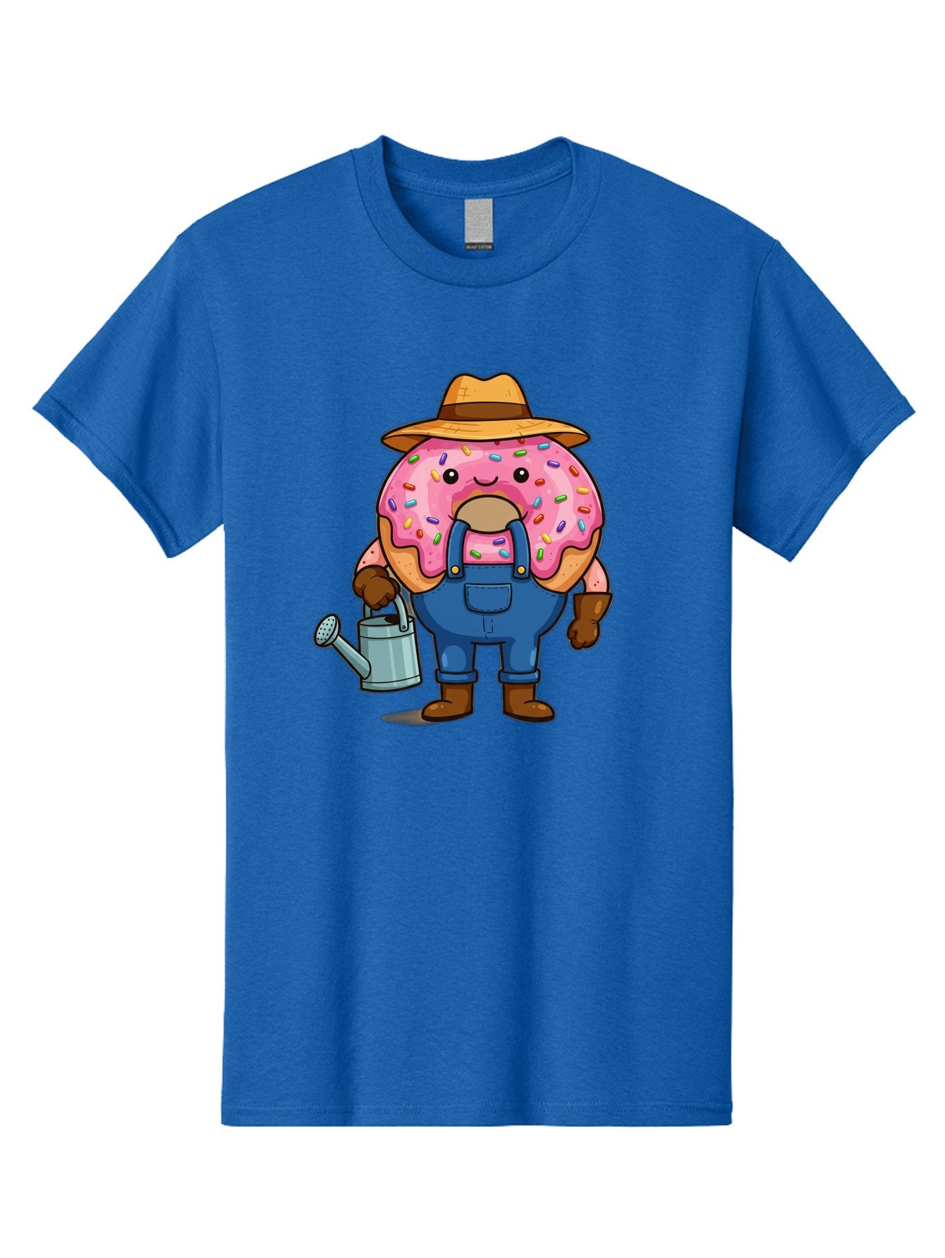 Donut-Farmer Men'S Graphic Tee, 100% Cotton, Comfortable Casual Summer Wear, Machine Washable, Donut Character, Farmer Illustration, Watering Can, Blue Overalls, Brown Boots, Hat, Rainbow Sprinkles, Pink Frosting, Cartoon Style, Baa506 11