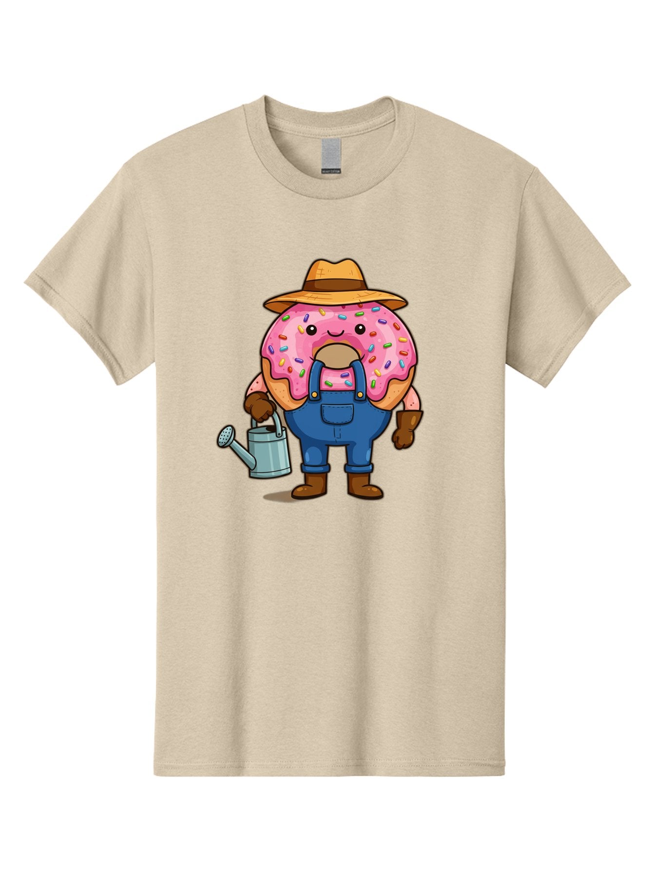 Donut-Farmer Men'S Graphic Tee, 100% Cotton, Comfortable Casual Summer Wear, Machine Washable, Donut Character, Farmer Illustration, Watering Can, Blue Overalls, Brown Boots, Hat, Rainbow Sprinkles, Pink Frosting, Cartoon Style, Baa506 7