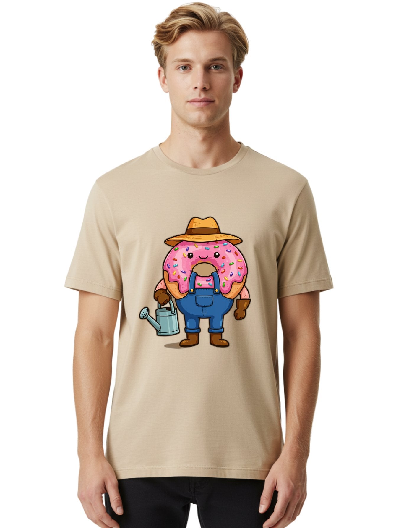 Donut-Farmer Men'S Graphic Tee, 100% Cotton, Comfortable Casual Summer Wear, Machine Washable, Donut Character, Farmer Illustration, Watering Can, Blue Overalls, Brown Boots, Hat, Rainbow Sprinkles, Pink Frosting, Cartoon Style, Baa506 16
