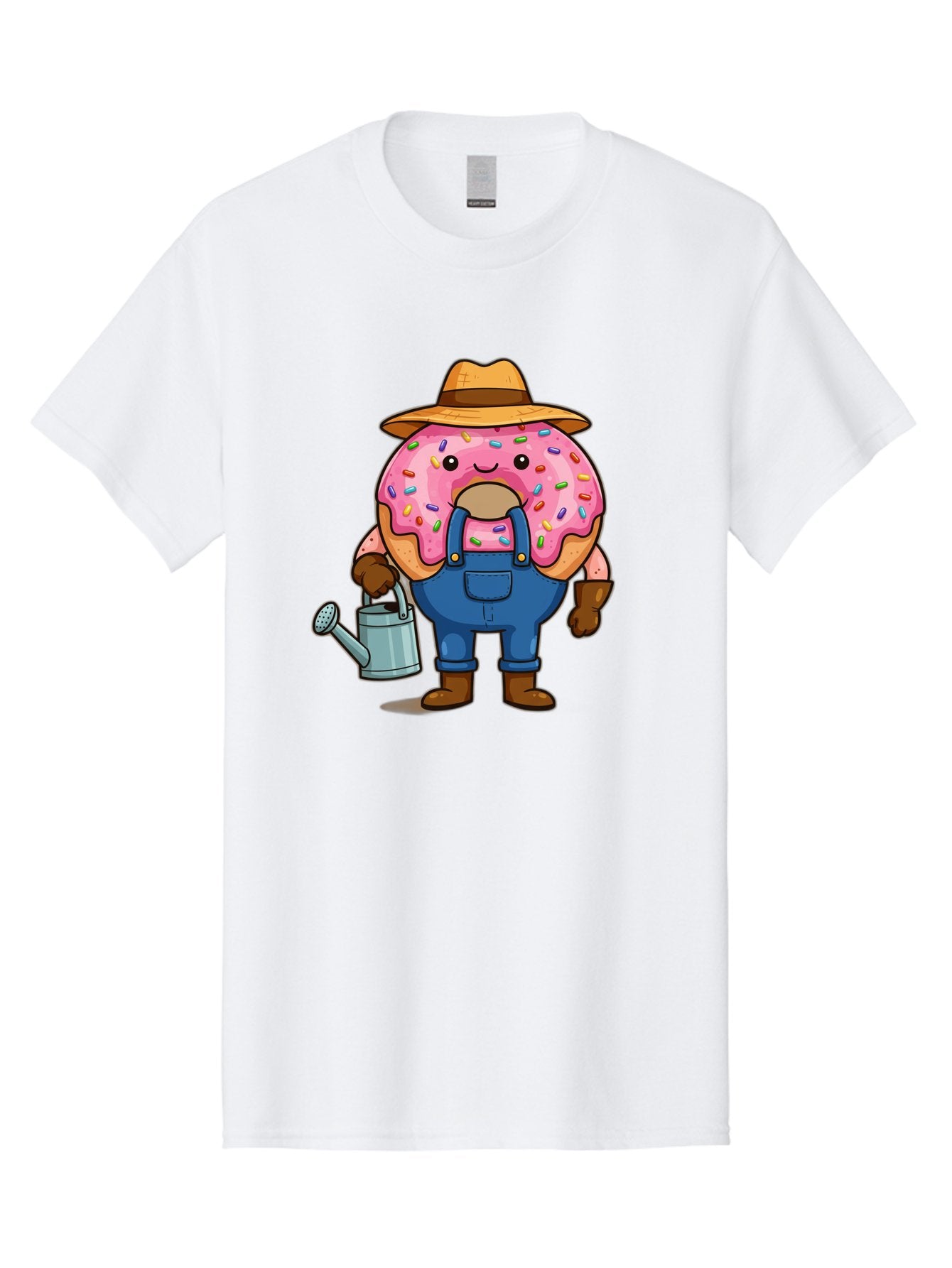 Donut-Farmer Men'S Graphic Tee, 100% Cotton, Comfortable Casual Summer Wear, Machine Washable, Donut Character, Farmer Illustration, Watering Can, Blue Overalls, Brown Boots, Hat, Rainbow Sprinkles, Pink Frosting, Cartoon Style, Baa506 6