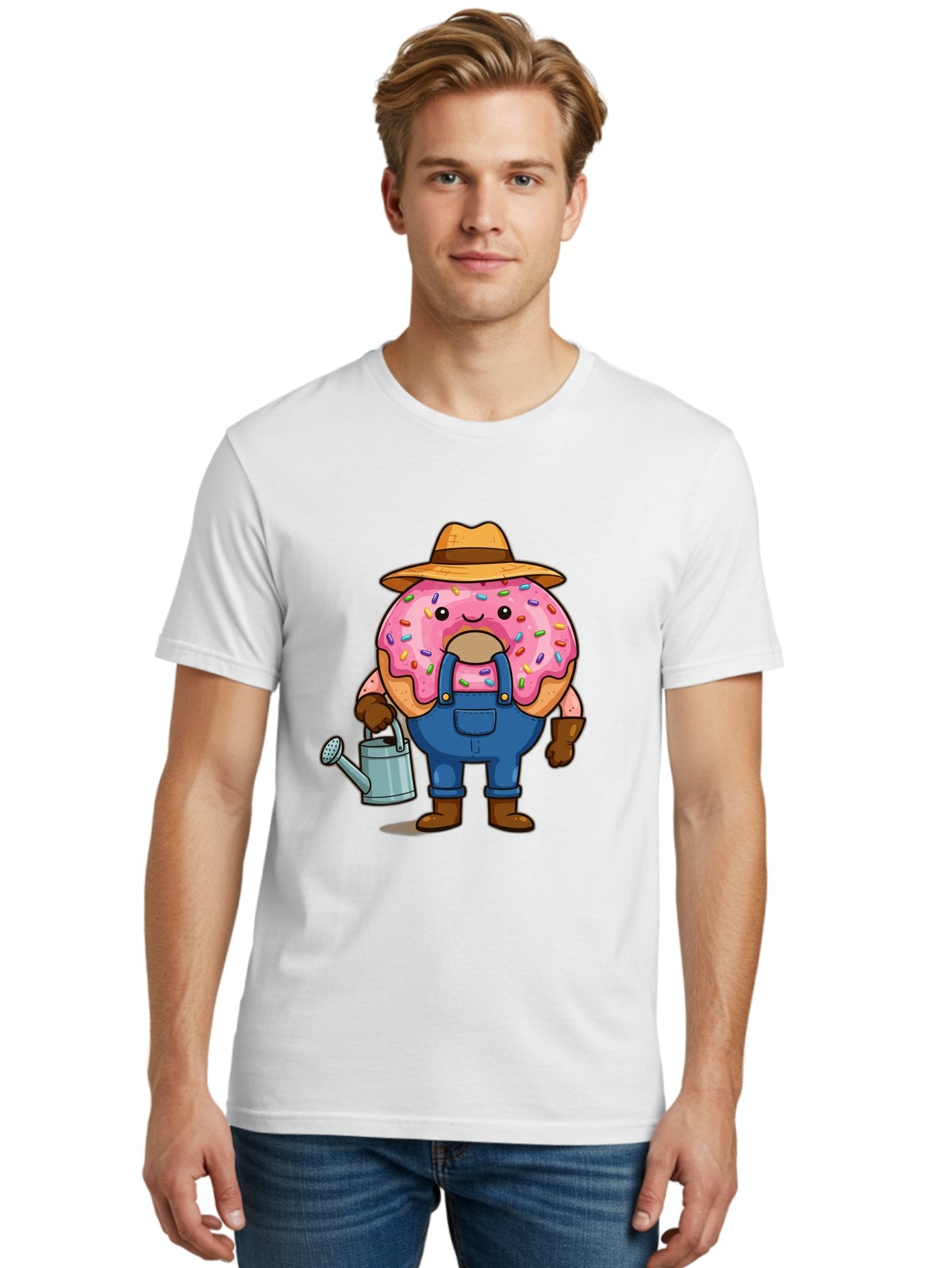 Donut-Farmer Men'S Graphic Tee, 100% Cotton, Comfortable Casual Summer Wear, Machine Washable, Donut Character, Farmer Illustration, Watering Can, Blue Overalls, Brown Boots, Hat, Rainbow Sprinkles, Pink Frosting, Cartoon Style, Baa506 24