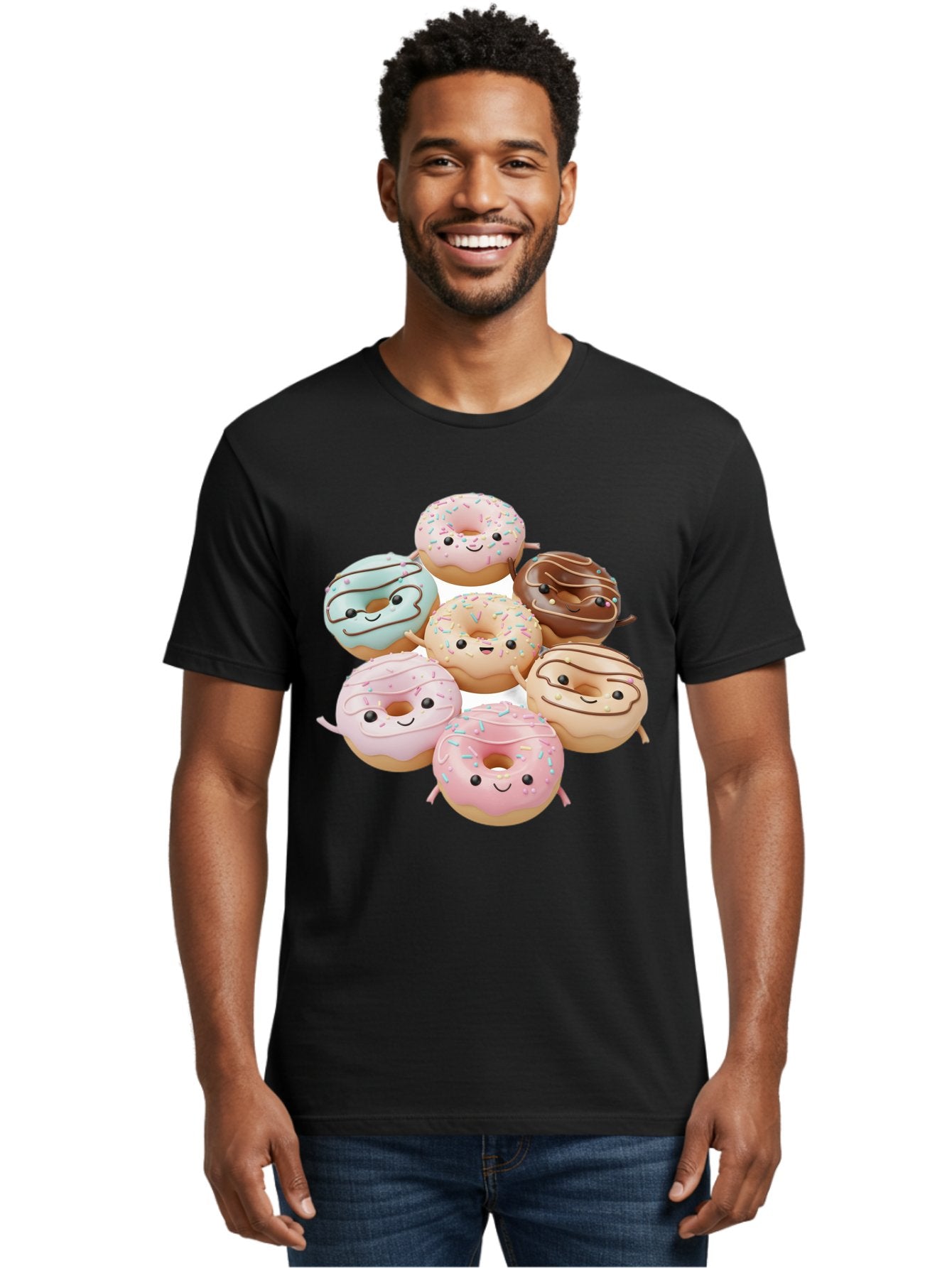 Donut-Friends Men'S Graphic Tee, 100% Cotton, Comfortable Casual Summer Wear, Machine Washable, Donuts With Faces, Adorable Donuts, Cartoon Donuts, Anthropomorphic Donuts, Plush Donuts, Donut Soft Toys, Colorful Donuts, Chocolate Donuts, Baa507 19