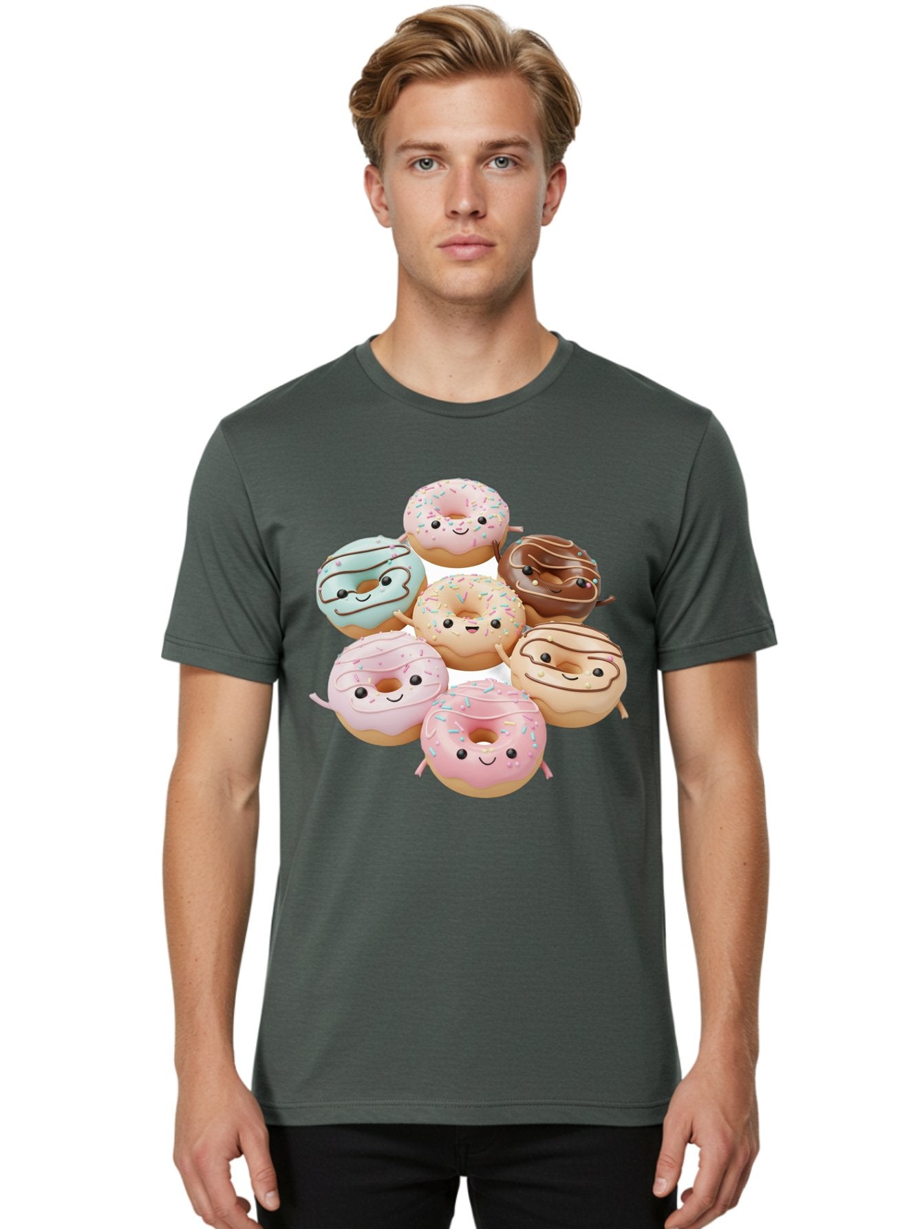 Donut-Friends Men'S Graphic Tee, 100% Cotton, Comfortable Casual Summer Wear, Machine Washable, Donuts With Faces, Adorable Donuts, Cartoon Donuts, Anthropomorphic Donuts, Plush Donuts, Donut Soft Toys, Colorful Donuts, Chocolate Donuts, Baa507 29