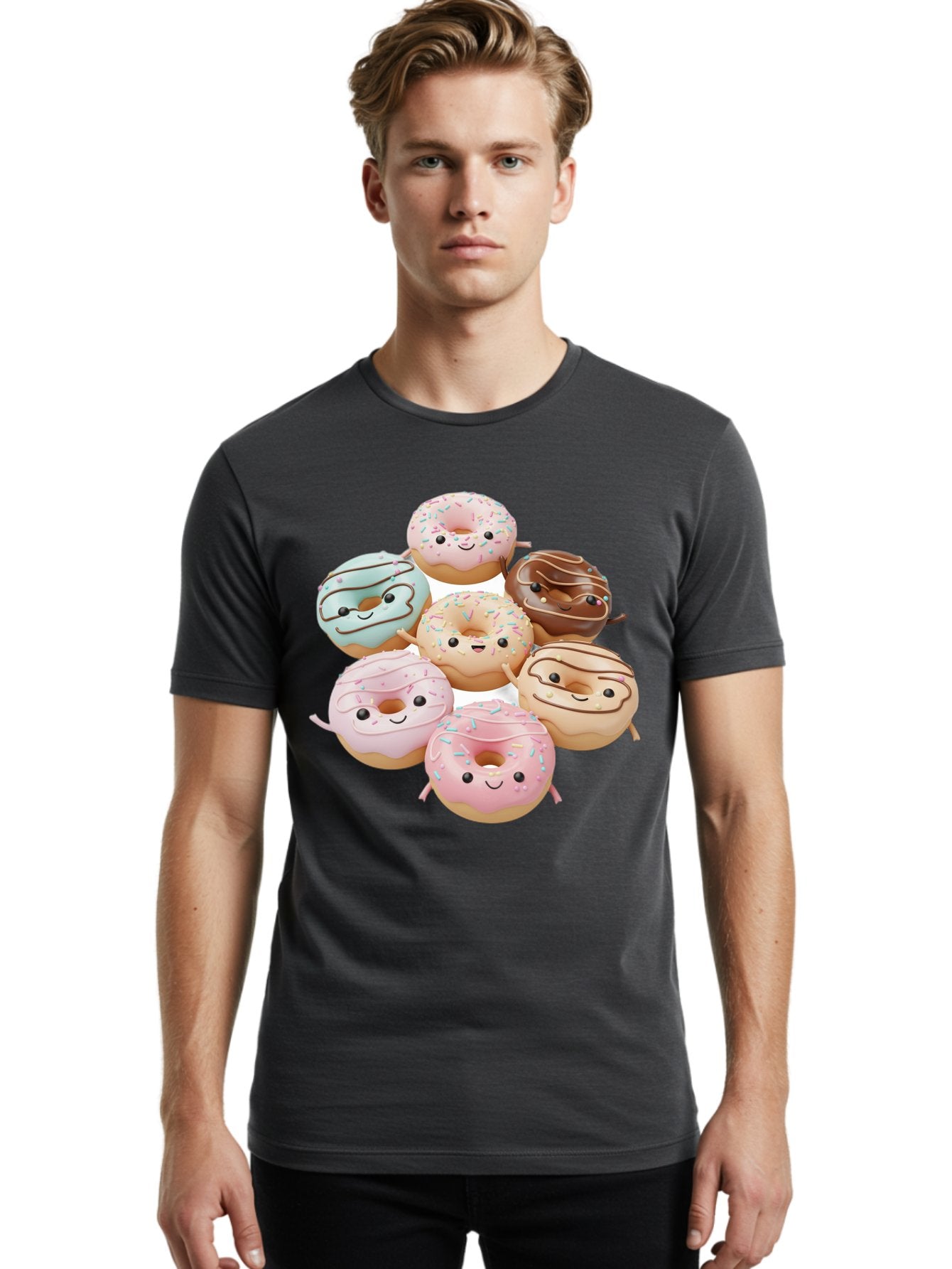 Donut-Friends Men'S Graphic Tee, 100% Cotton, Comfortable Casual Summer Wear, Machine Washable, Donuts With Faces, Adorable Donuts, Cartoon Donuts, Anthropomorphic Donuts, Plush Donuts, Donut Soft Toys, Colorful Donuts, Chocolate Donuts, Baa507 24