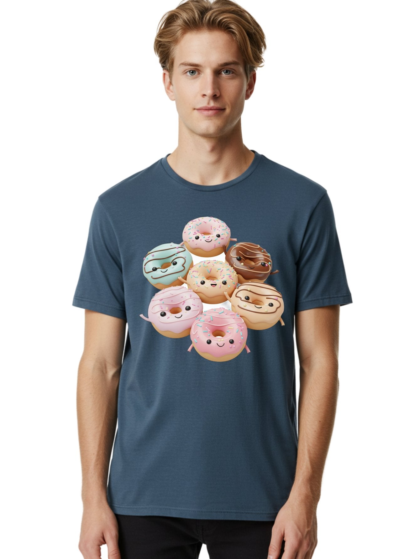 Donut-Friends Men'S Graphic Tee, 100% Cotton, Comfortable Casual Summer Wear, Machine Washable, Donuts With Faces, Adorable Donuts, Cartoon Donuts, Anthropomorphic Donuts, Plush Donuts, Donut Soft Toys, Colorful Donuts, Chocolate Donuts, Baa507 22