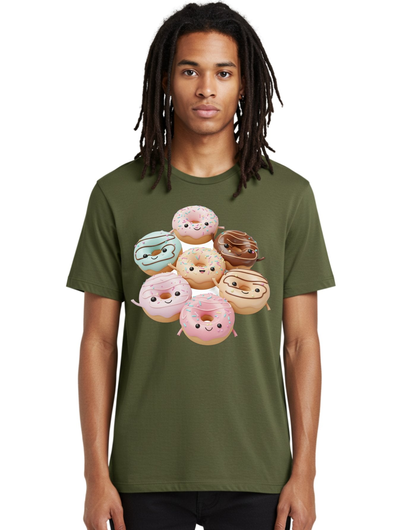 Donut-Friends Men'S Graphic Tee, 100% Cotton, Comfortable Casual Summer Wear, Machine Washable, Donuts With Faces, Adorable Donuts, Cartoon Donuts, Anthropomorphic Donuts, Plush Donuts, Donut Soft Toys, Colorful Donuts, Chocolate Donuts, Baa507 25