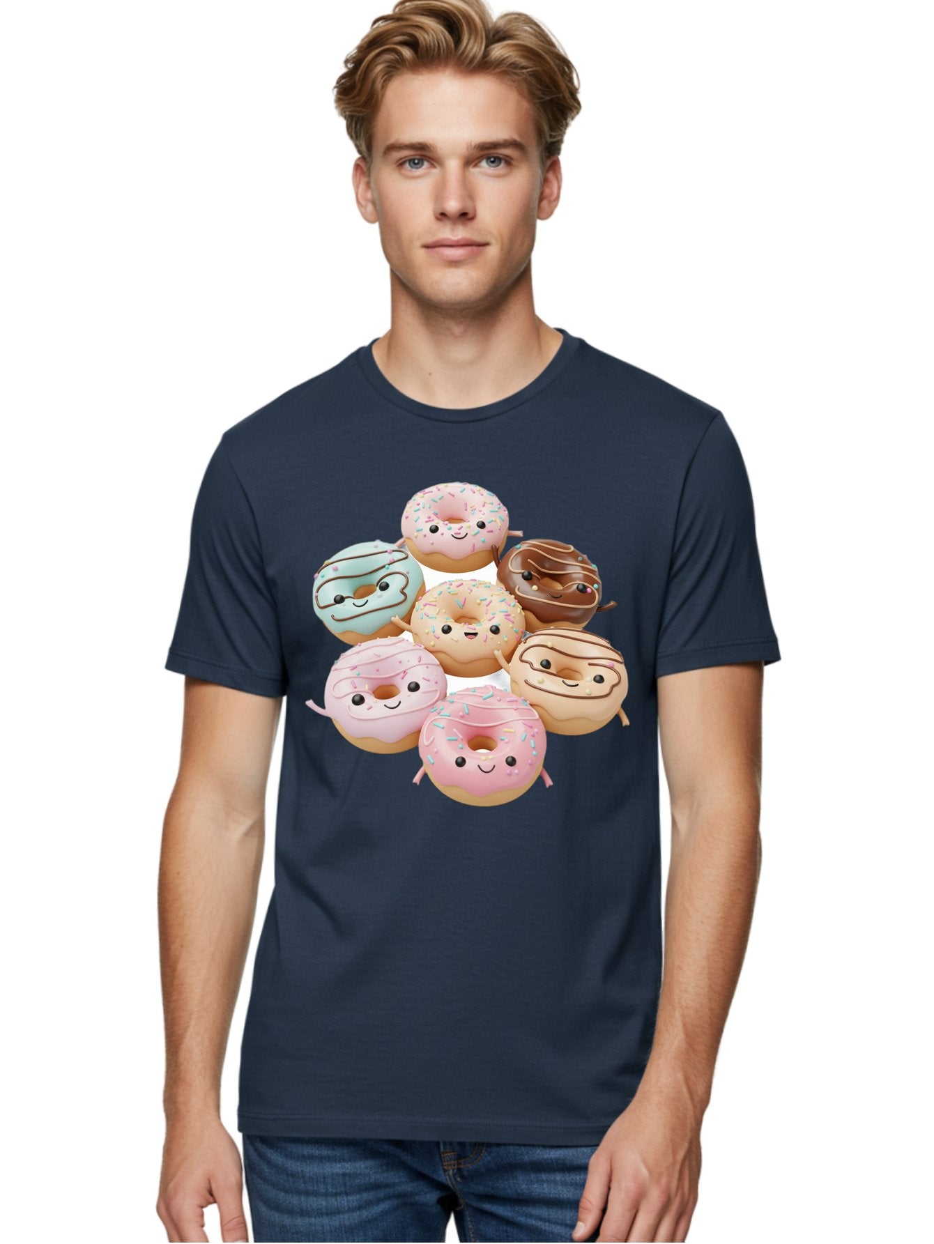 Donut-Friends Men'S Graphic Tee, 100% Cotton, Comfortable Casual Summer Wear, Machine Washable, Donuts With Faces, Adorable Donuts, Cartoon Donuts, Anthropomorphic Donuts, Plush Donuts, Donut Soft Toys, Colorful Donuts, Chocolate Donuts, Baa507 20