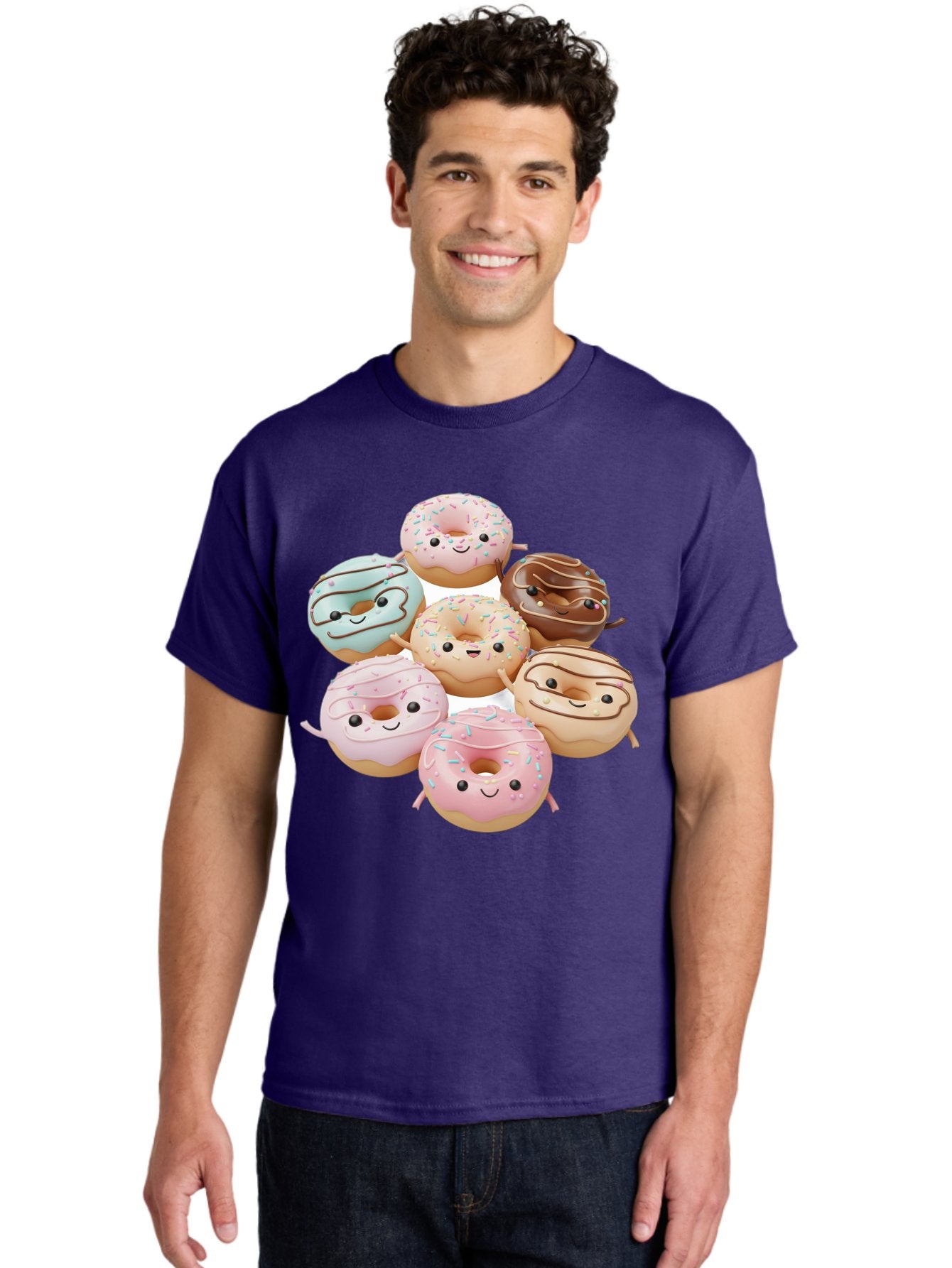 Donut-Friends Men'S Graphic Tee, 100% Cotton, Comfortable Casual Summer Wear, Machine Washable, Donuts With Faces, Adorable Donuts, Cartoon Donuts, Anthropomorphic Donuts, Plush Donuts, Donut Soft Toys, Colorful Donuts, Chocolate Donuts, Baa507 18