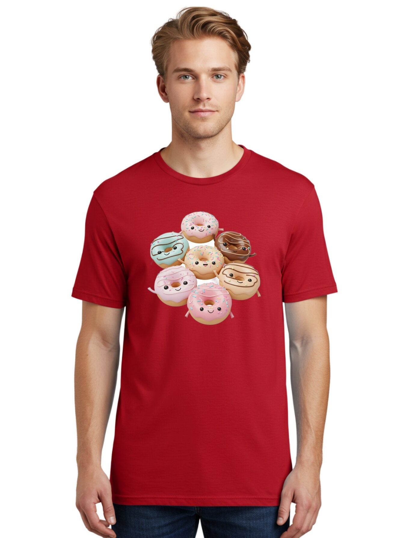 Donut-Friends Men'S Graphic Tee, 100% Cotton, Comfortable Casual Summer Wear, Machine Washable, Donuts With Faces, Adorable Donuts, Cartoon Donuts, Anthropomorphic Donuts, Plush Donuts, Donut Soft Toys, Colorful Donuts, Chocolate Donuts, Baa507 30
