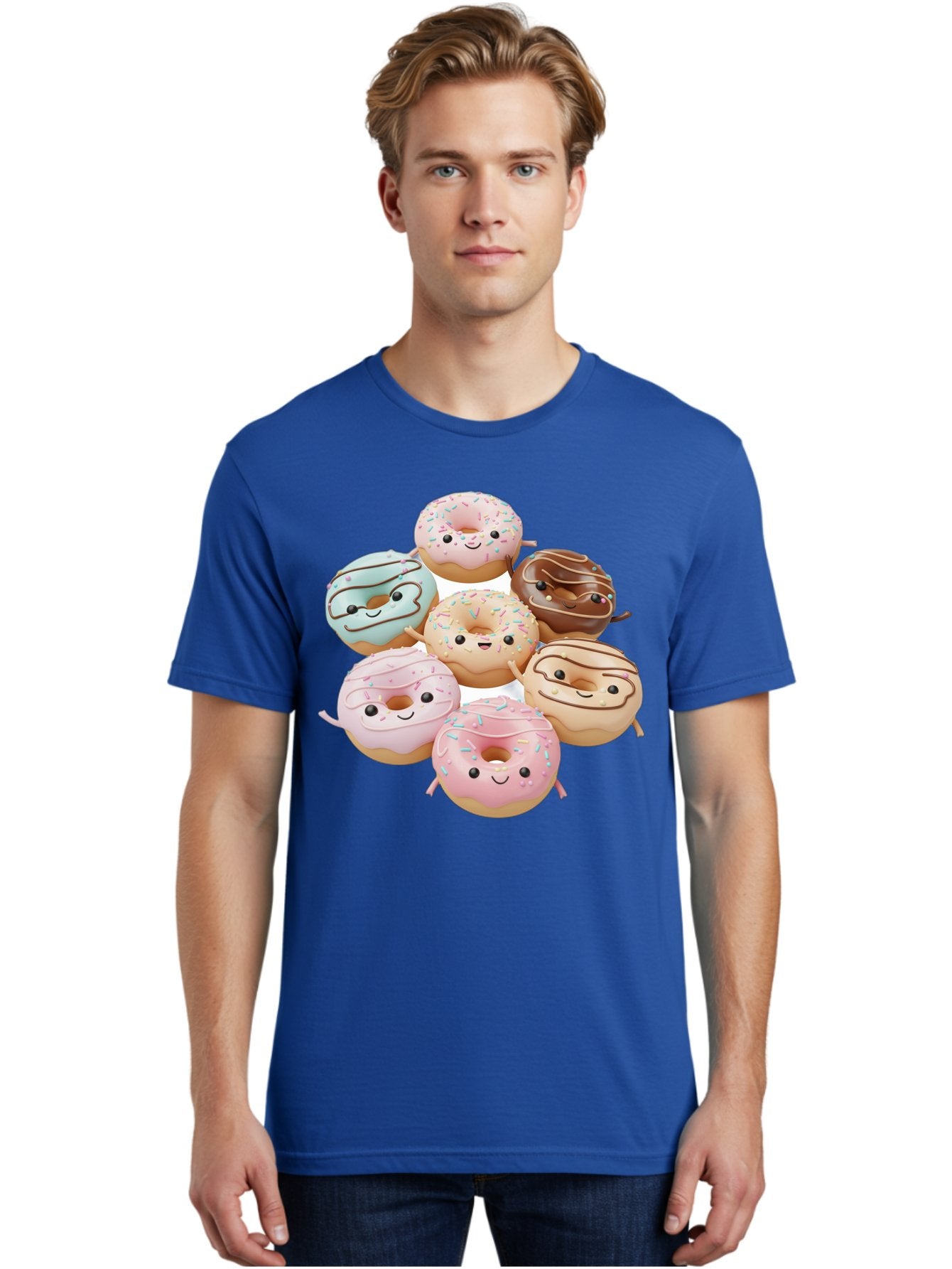 Donut-Friends Men'S Graphic Tee, 100% Cotton, Comfortable Casual Summer Wear, Machine Washable, Donuts With Faces, Adorable Donuts, Cartoon Donuts, Anthropomorphic Donuts, Plush Donuts, Donut Soft Toys, Colorful Donuts, Chocolate Donuts, Baa507 23