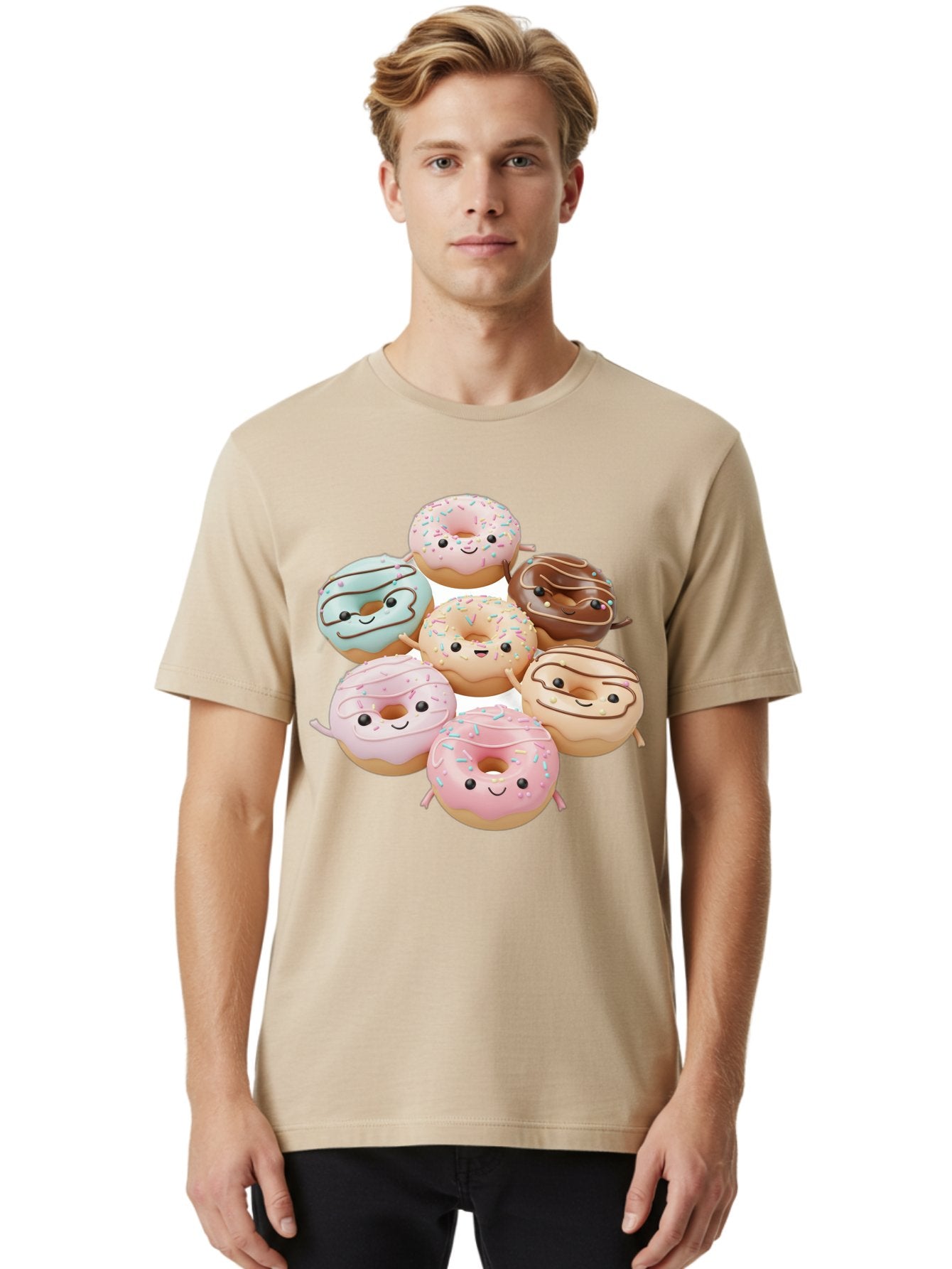 Donut-Friends Men'S Graphic Tee, 100% Cotton, Comfortable Casual Summer Wear, Machine Washable, Donuts With Faces, Adorable Donuts, Cartoon Donuts, Anthropomorphic Donuts, Plush Donuts, Donut Soft Toys, Colorful Donuts, Chocolate Donuts, Baa507 27