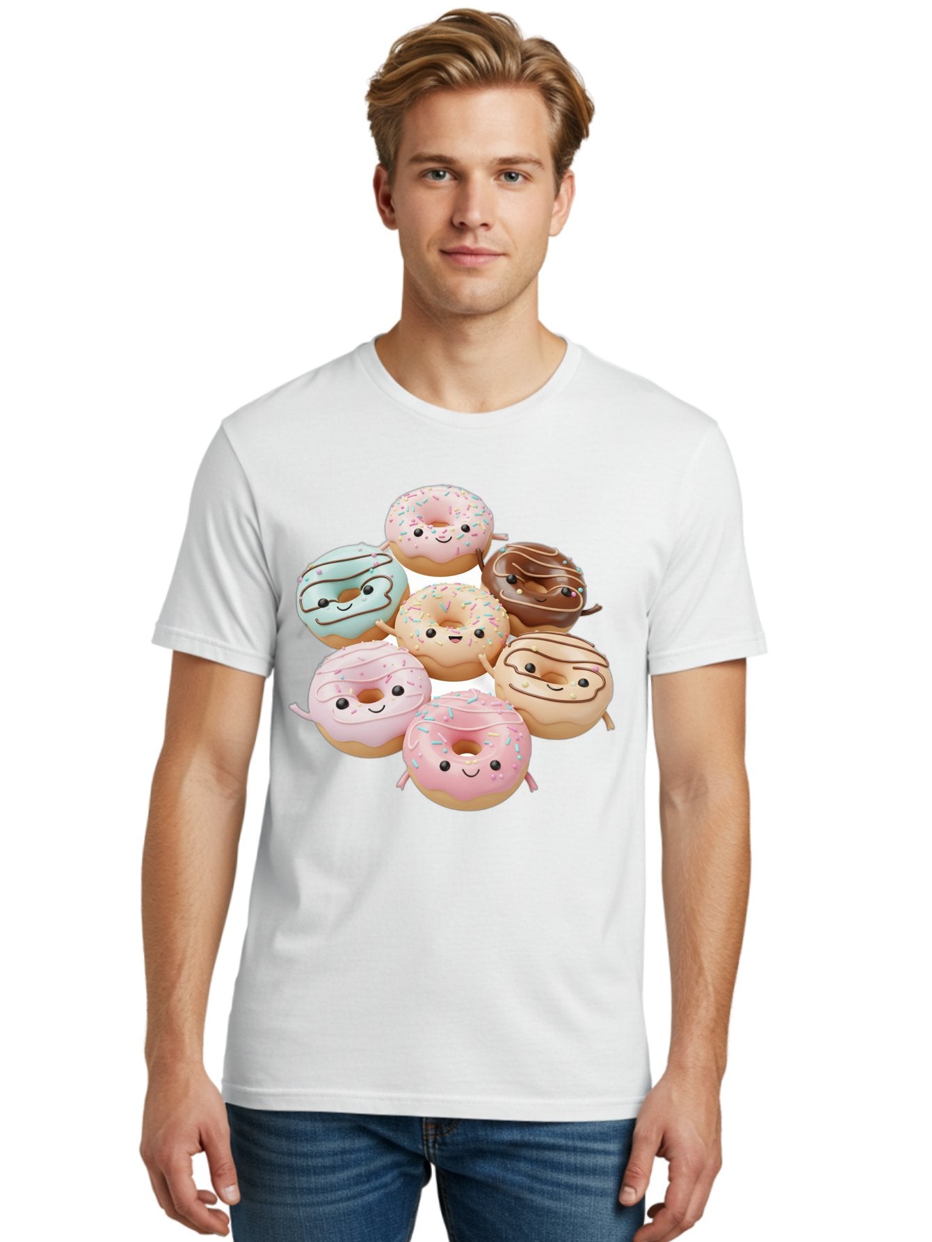 Donut-Friends Men'S Graphic Tee, 100% Cotton, Comfortable Casual Summer Wear, Machine Washable, Donuts With Faces, Adorable Donuts, Cartoon Donuts, Anthropomorphic Donuts, Plush Donuts, Donut Soft Toys, Colorful Donuts, Chocolate Donuts, Baa507 17