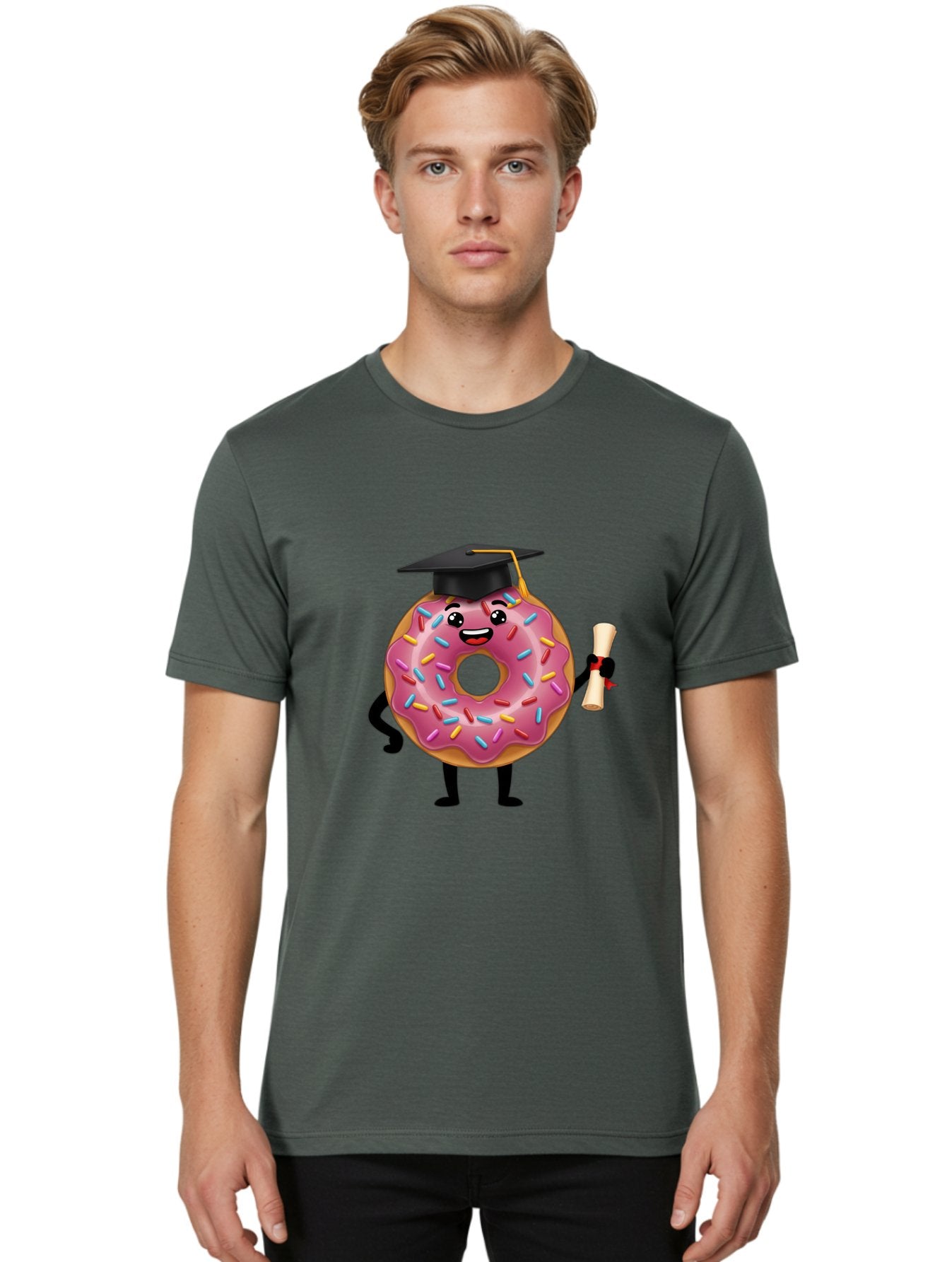 Donut-Graduate Men'S Graphic Tee, 100% Cotton, Comfortable Casual Summer Wear, Machine Washable, Pink Donut With Sprinkles, Graduation Cap, Diploma, Cartoon Character, Sweet Success, Graduation Day, Fun Illustration, Happy Graduate, Baa508 28