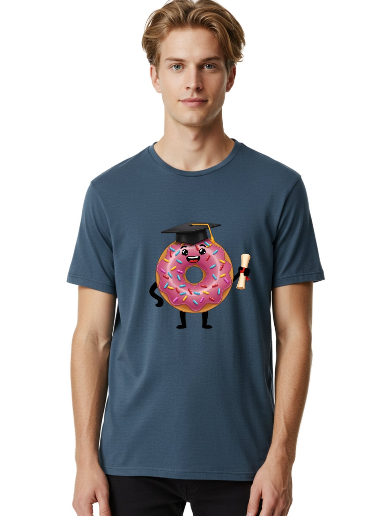 Donut-Graduate Men'S Graphic Tee, 100% Cotton, Comfortable Casual Summer Wear, Machine Washable, Pink Donut With Sprinkles, Graduation Cap, Diploma, Cartoon Character, Sweet Success, Graduation Day, Fun Illustration, Happy Graduate, Baa508 27