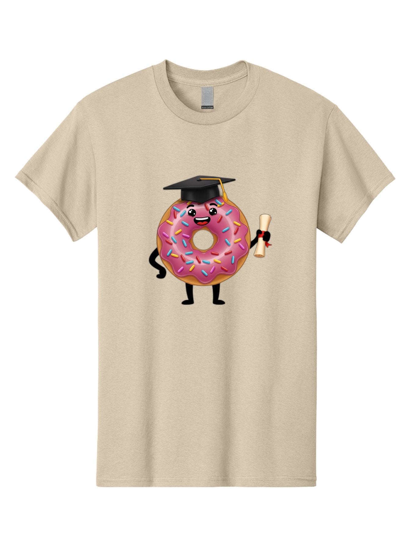 Donut-Graduate Men'S Graphic Tee, 100% Cotton, Comfortable Casual Summer Wear, Machine Washable, Pink Donut With Sprinkles, Graduation Cap, Diploma, Cartoon Character, Sweet Success, Graduation Day, Fun Illustration, Happy Graduate, Baa508