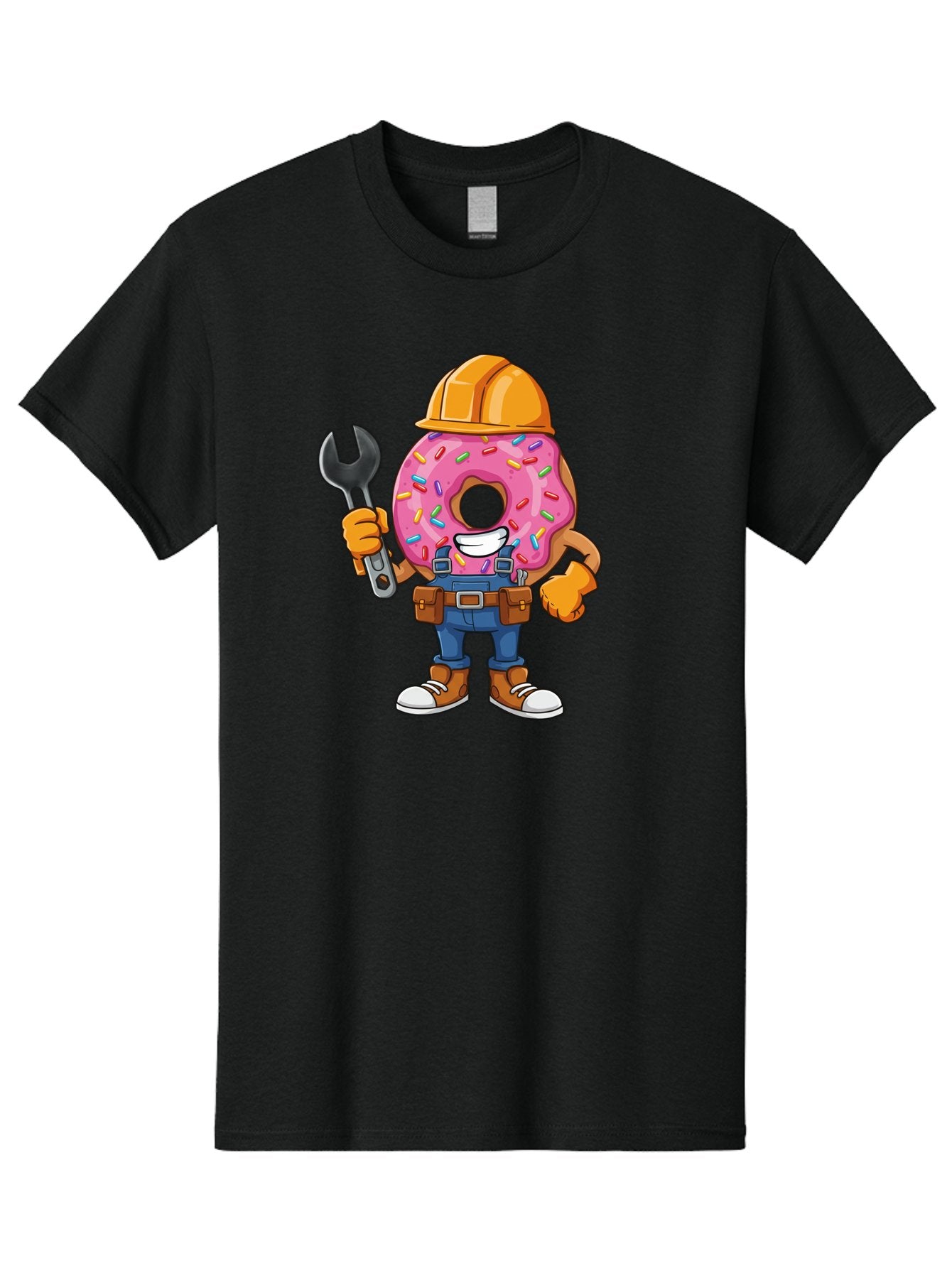 Donut-Handyman Men'S Graphic Tee, 100% Cotton, Comfortable Casual Summer Wear, Machine Washable, Pink Donut With Sprinkles, Construction Worker, Hard Hat, Wrench, Tool Belt, Blue Jeans, Work Boots, Donut Character, Tradesman, Funny Cartoon Baa509 14