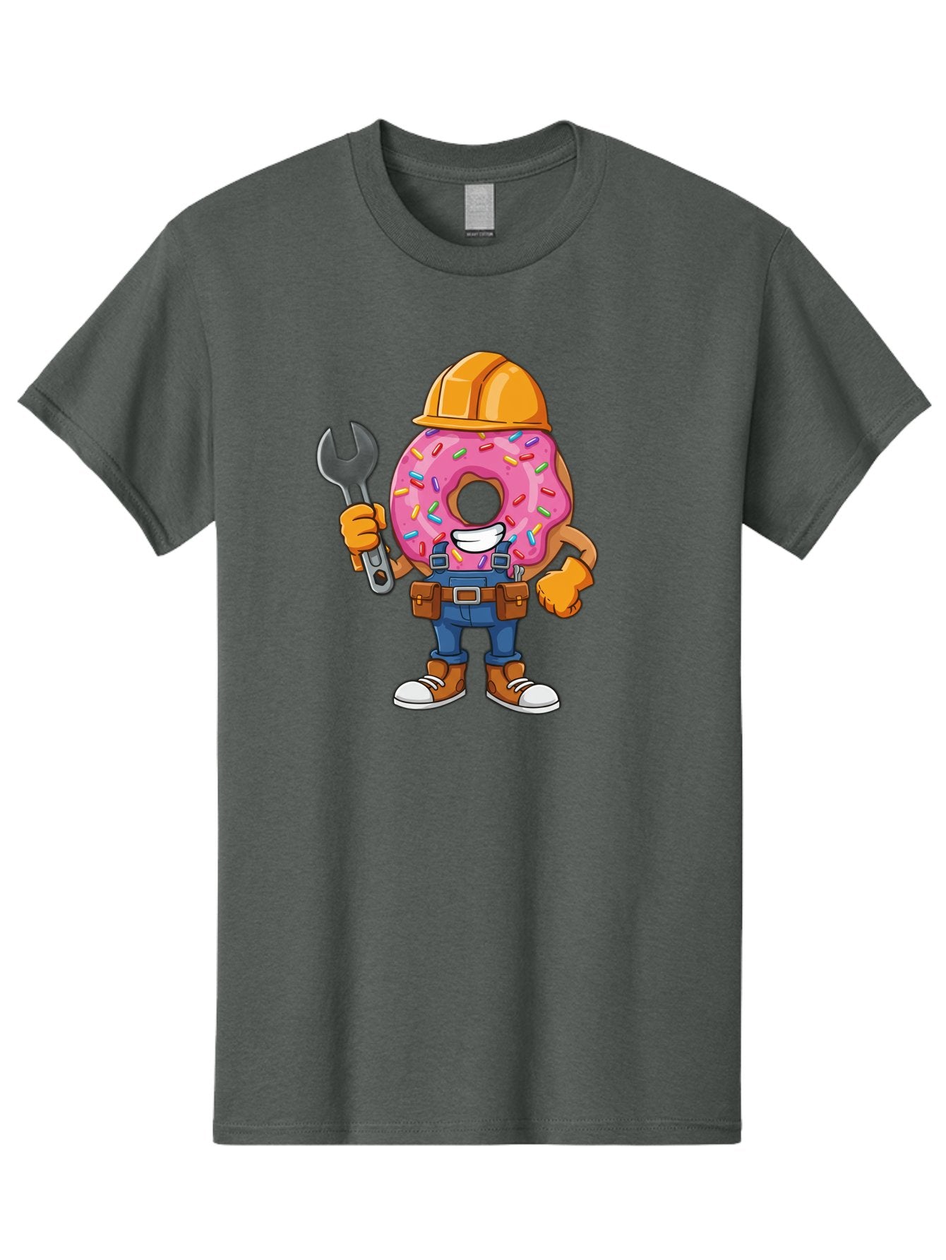 Donut-Handyman Men'S Graphic Tee, 100% Cotton, Comfortable Casual Summer Wear, Machine Washable, Pink Donut With Sprinkles, Construction Worker, Hard Hat, Wrench, Tool Belt, Blue Jeans, Work Boots, Donut Character, Tradesman, Funny Cartoon Baa509 12