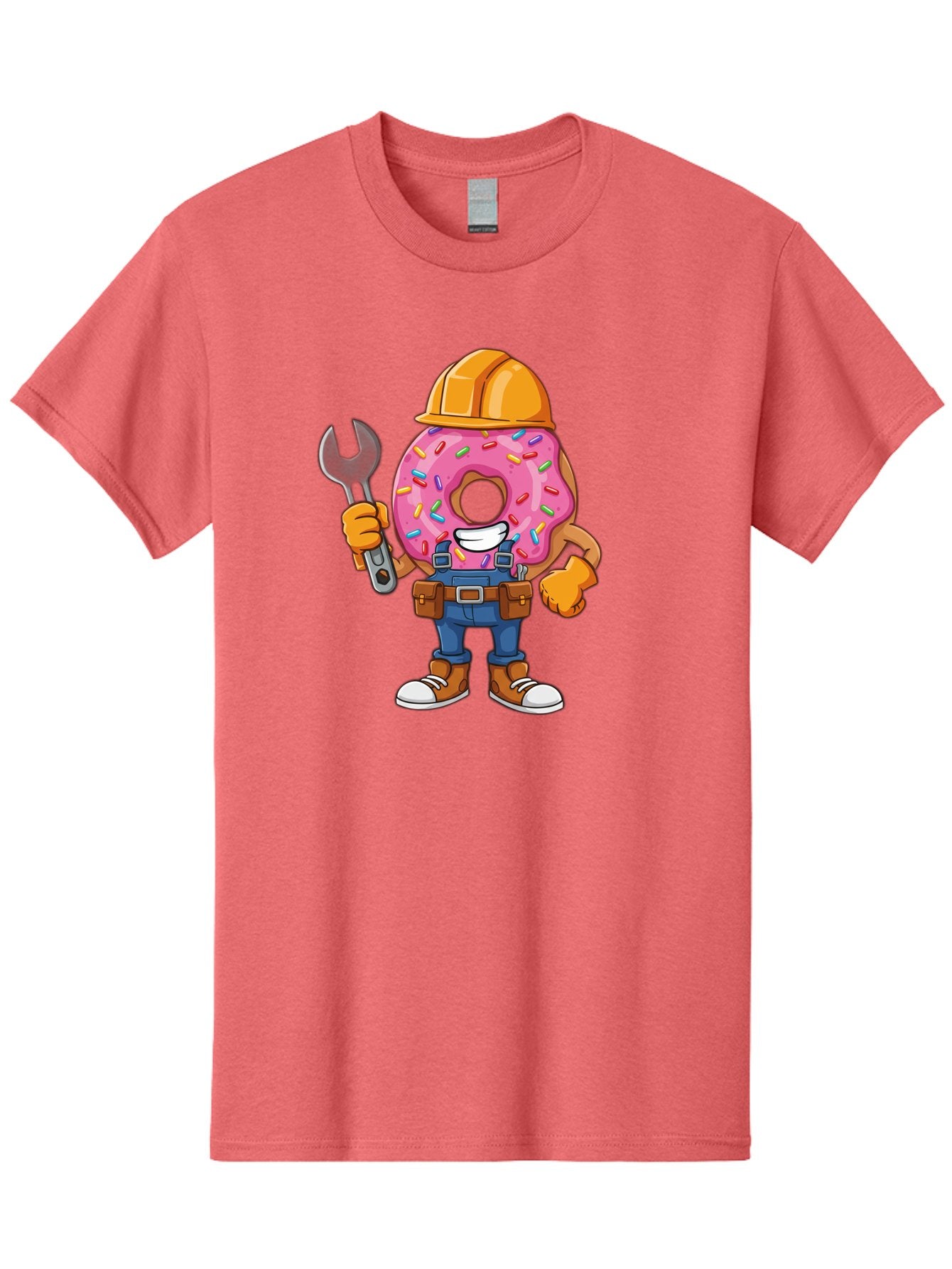 Donut-Handyman Men'S Graphic Tee, 100% Cotton, Comfortable Casual Summer Wear, Machine Washable, Pink Donut With Sprinkles, Construction Worker, Hard Hat, Wrench, Tool Belt, Blue Jeans, Work Boots, Donut Character, Tradesman, Funny Cartoon Baa509