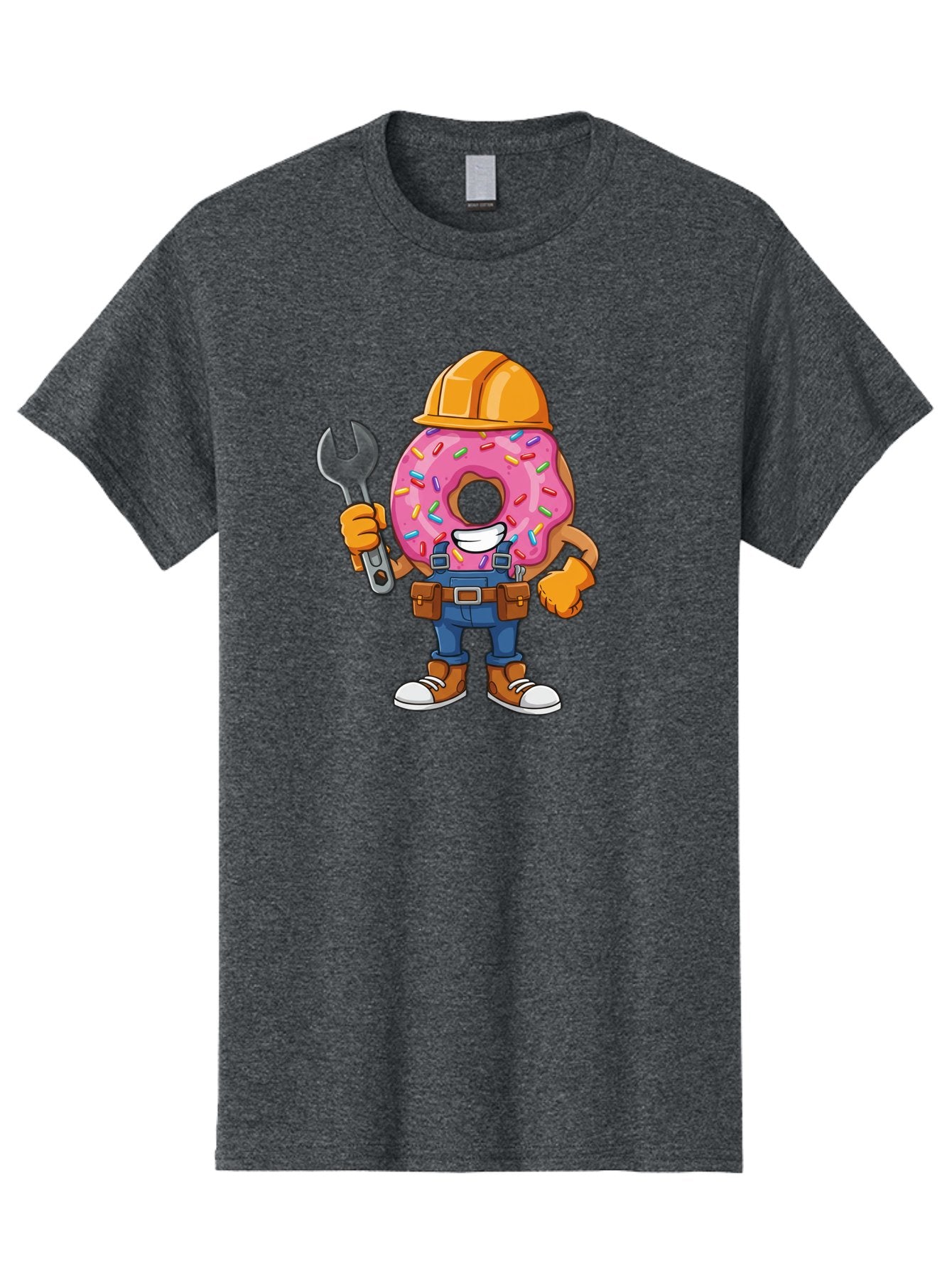 Donut-Handyman Men'S Graphic Tee, 100% Cotton, Comfortable Casual Summer Wear, Machine Washable, Pink Donut With Sprinkles, Construction Worker, Hard Hat, Wrench, Tool Belt, Blue Jeans, Work Boots, Donut Character, Tradesman, Funny Cartoon Baa509 7