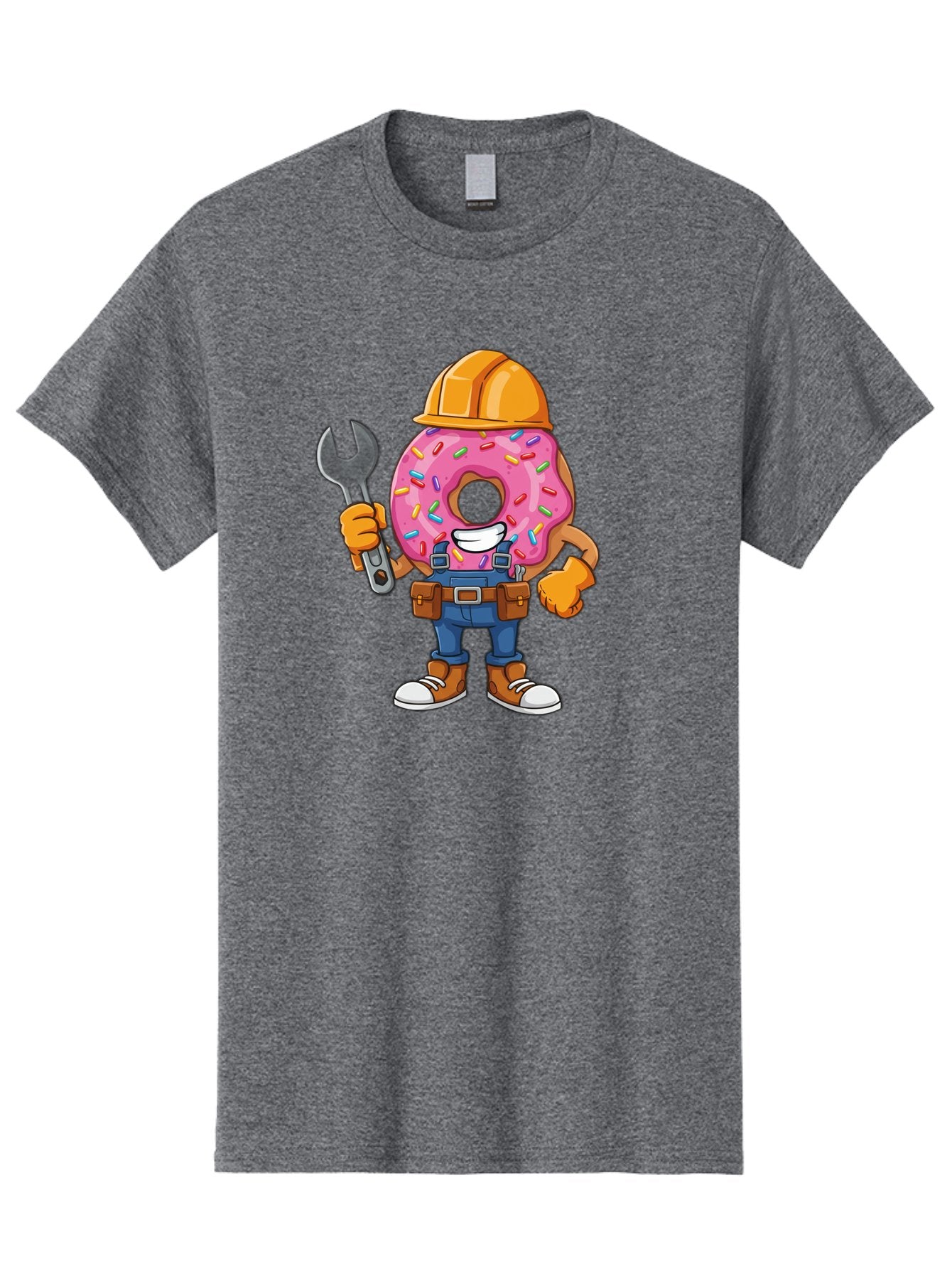Donut-Handyman Men'S Graphic Tee, 100% Cotton, Comfortable Casual Summer Wear, Machine Washable, Pink Donut With Sprinkles, Construction Worker, Hard Hat, Wrench, Tool Belt, Blue Jeans, Work Boots, Donut Character, Tradesman, Funny Cartoon Baa509