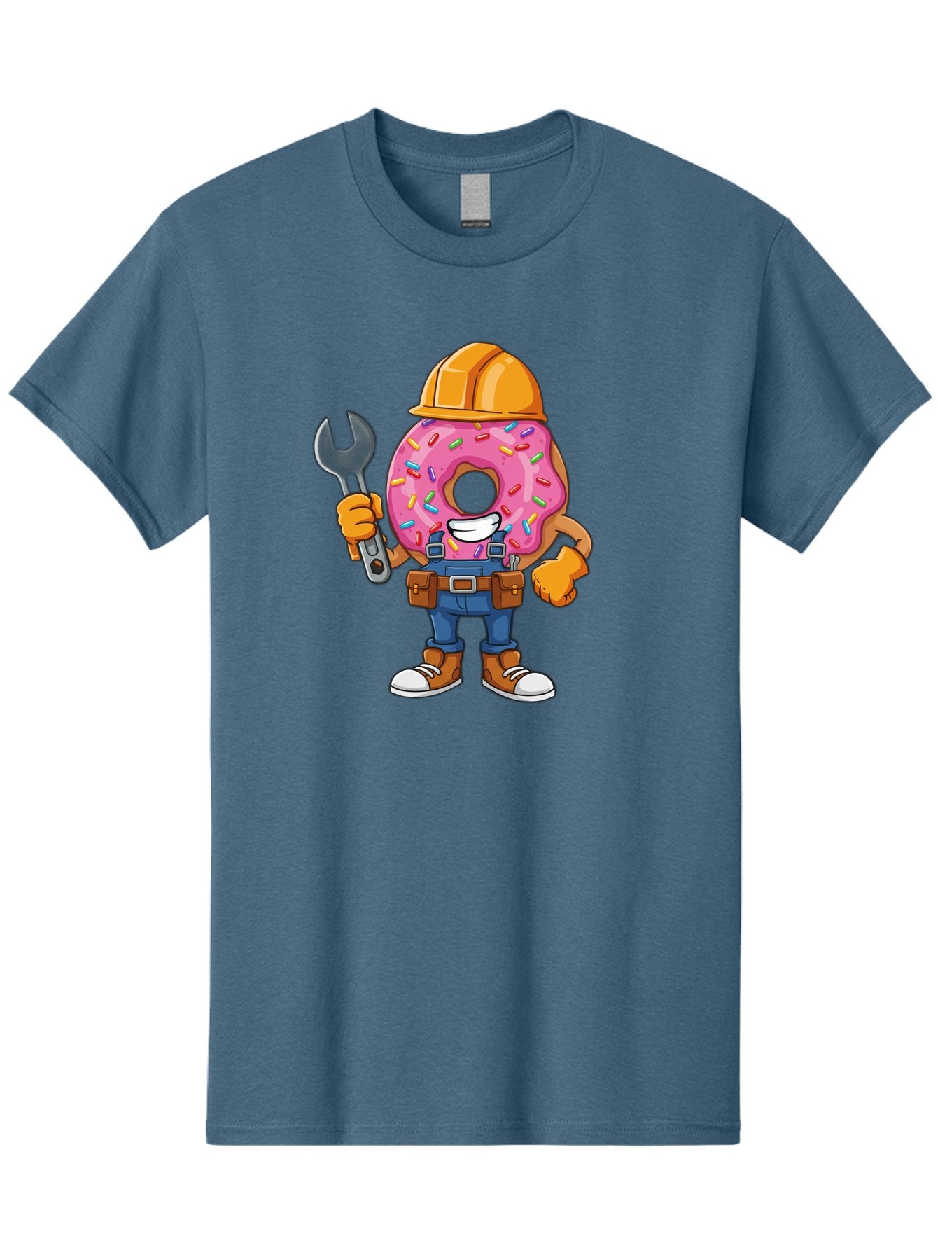 Donut-Handyman Men'S Graphic Tee, 100% Cotton, Comfortable Casual Summer Wear, Machine Washable, Pink Donut With Sprinkles, Construction Worker, Hard Hat, Wrench, Tool Belt, Blue Jeans, Work Boots, Donut Character, Tradesman, Funny Cartoon Baa509 3