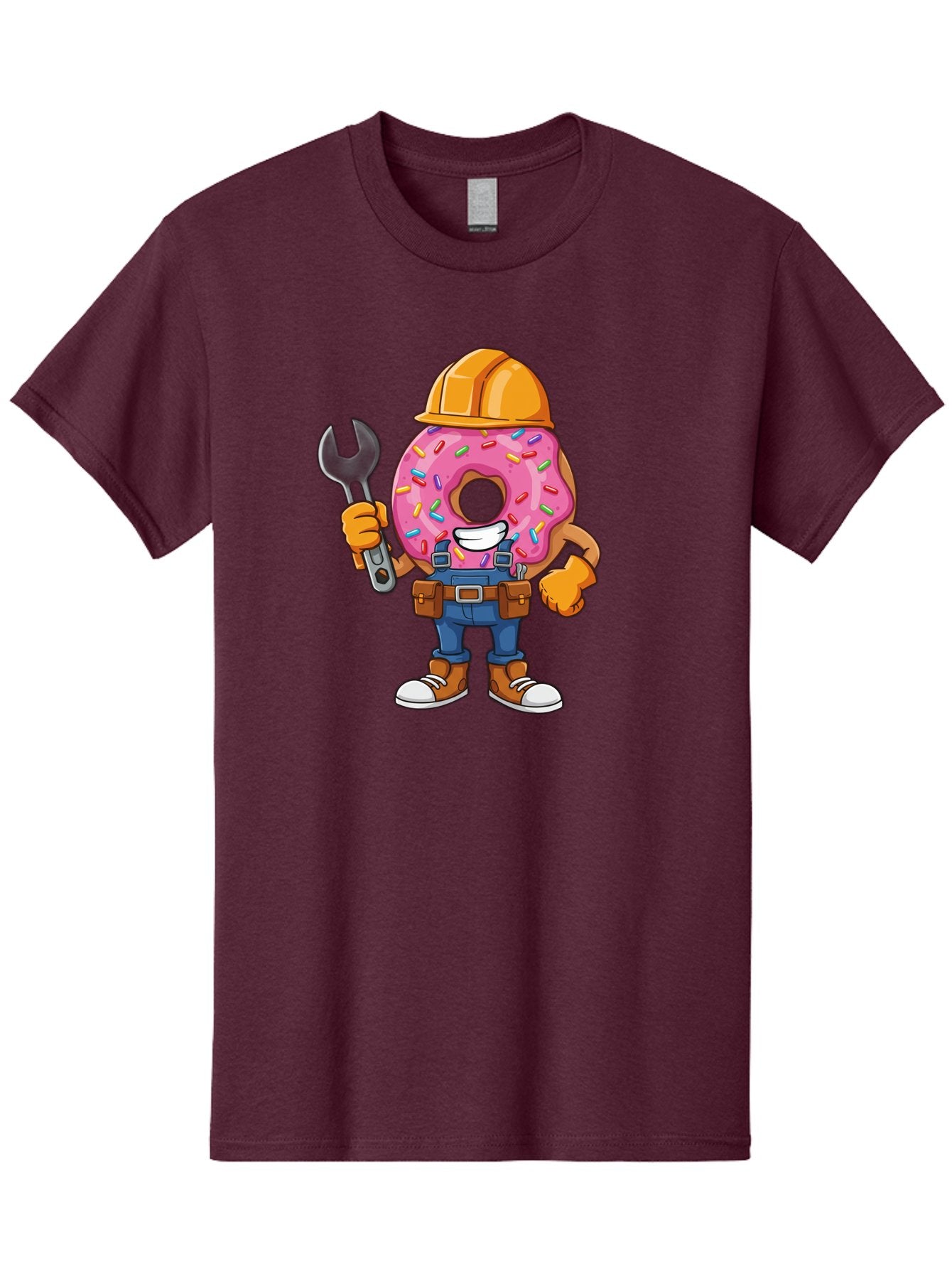 Donut-Handyman Men'S Graphic Tee, 100% Cotton, Comfortable Casual Summer Wear, Machine Washable, Pink Donut With Sprinkles, Construction Worker, Hard Hat, Wrench, Tool Belt, Blue Jeans, Work Boots, Donut Character, Tradesman, Funny Cartoon Baa509 8