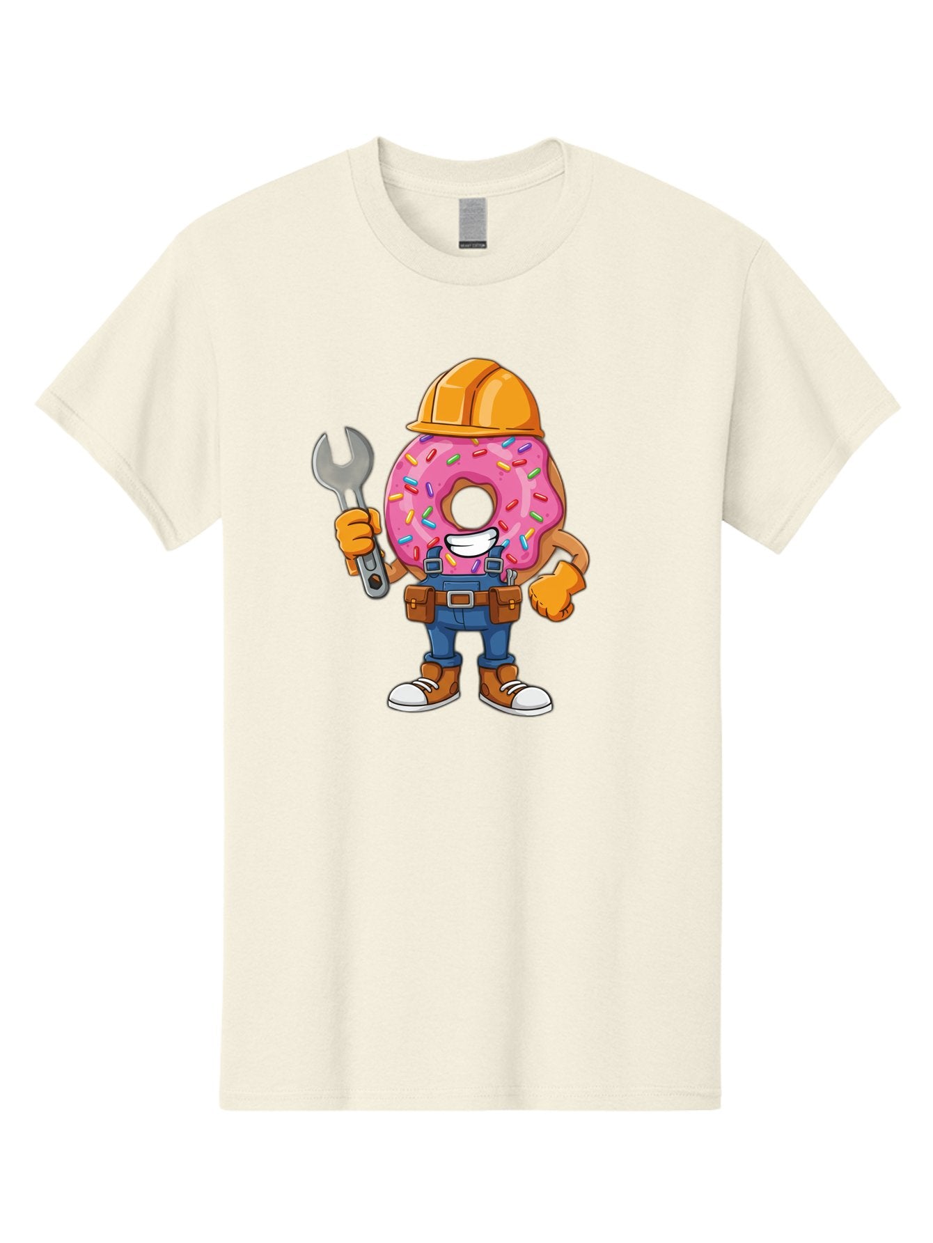 Donut-Handyman Men'S Graphic Tee, 100% Cotton, Comfortable Casual Summer Wear, Machine Washable, Pink Donut With Sprinkles, Construction Worker, Hard Hat, Wrench, Tool Belt, Blue Jeans, Work Boots, Donut Character, Tradesman, Funny Cartoon Baa509 11