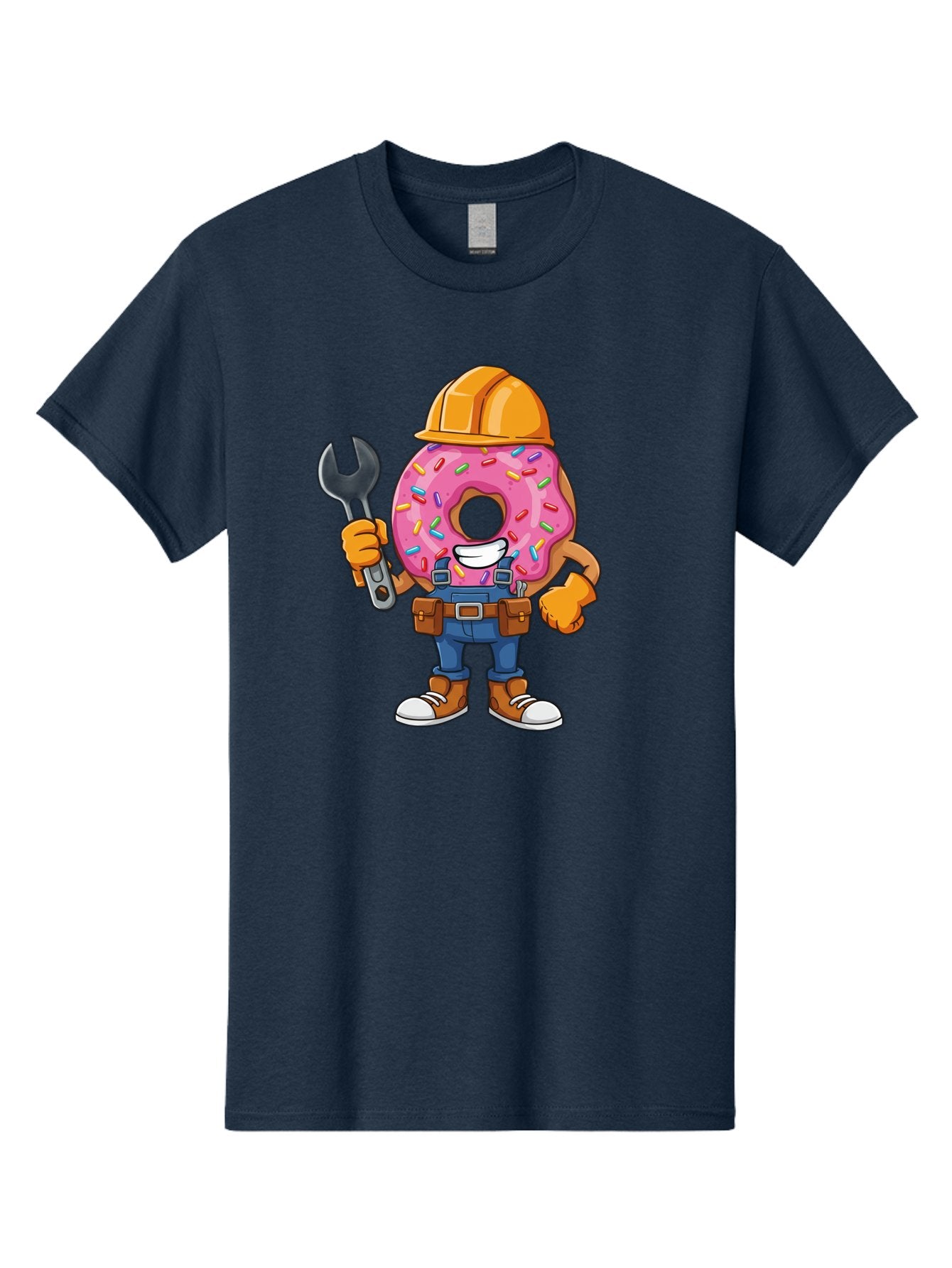 Donut-Handyman Men'S Graphic Tee, 100% Cotton, Comfortable Casual Summer Wear, Machine Washable, Pink Donut With Sprinkles, Construction Worker, Hard Hat, Wrench, Tool Belt, Blue Jeans, Work Boots, Donut Character, Tradesman, Funny Cartoon Baa509 5