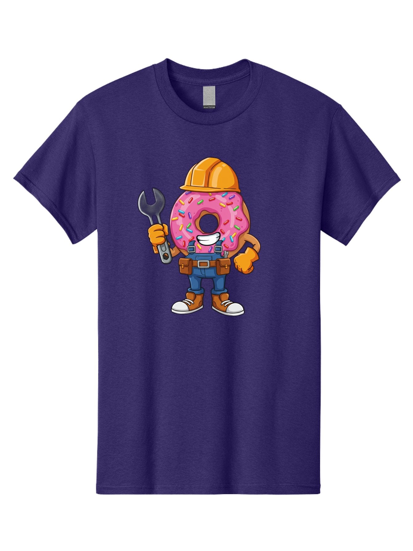 Donut-Handyman Men'S Graphic Tee, 100% Cotton, Comfortable Casual Summer Wear, Machine Washable, Pink Donut With Sprinkles, Construction Worker, Hard Hat, Wrench, Tool Belt, Blue Jeans, Work Boots, Donut Character, Tradesman, Funny Cartoon Baa509 15