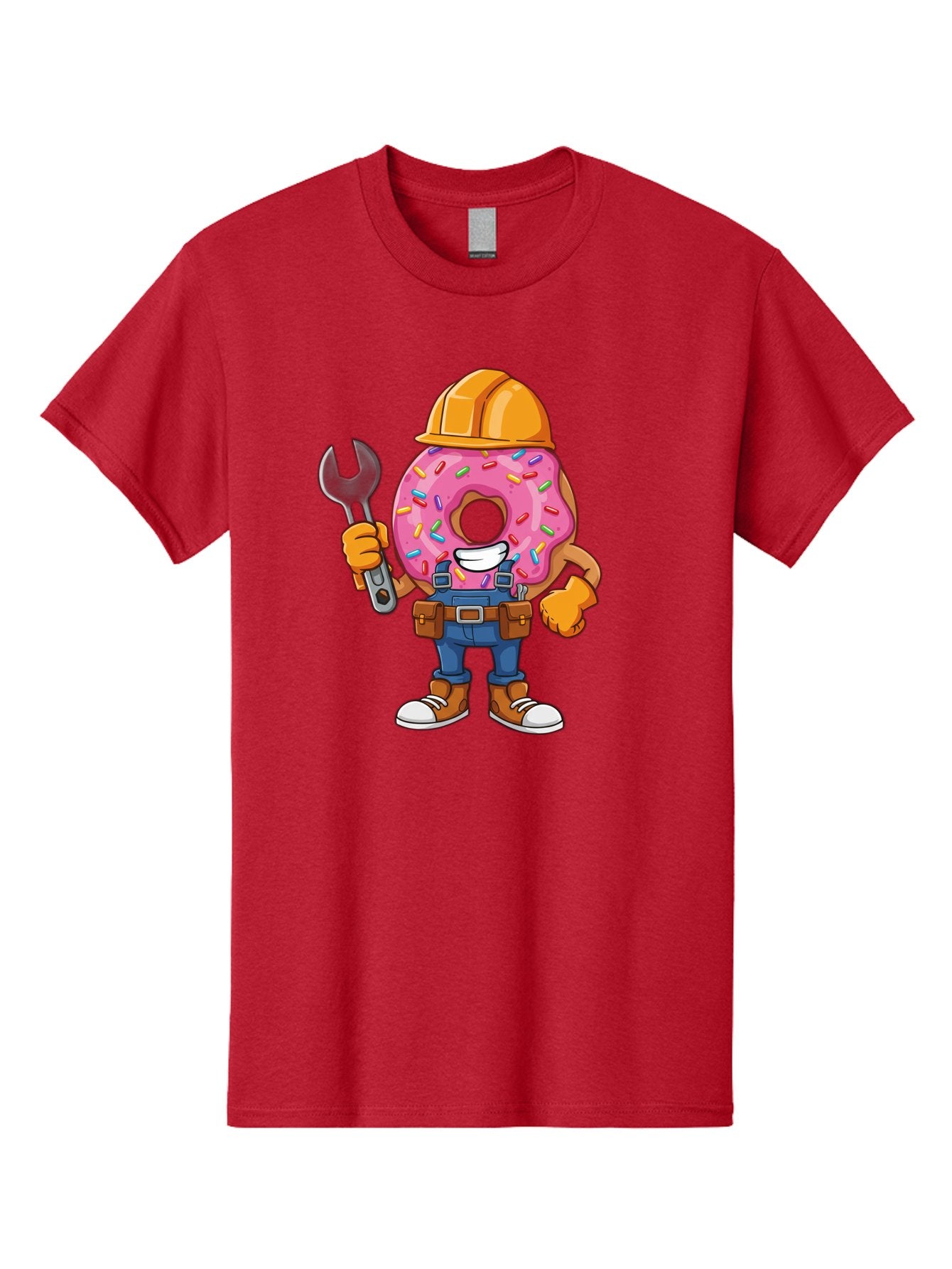 Donut-Handyman Men'S Graphic Tee, 100% Cotton, Comfortable Casual Summer Wear, Machine Washable, Pink Donut With Sprinkles, Construction Worker, Hard Hat, Wrench, Tool Belt, Blue Jeans, Work Boots, Donut Character, Tradesman, Funny Cartoon Baa509 9