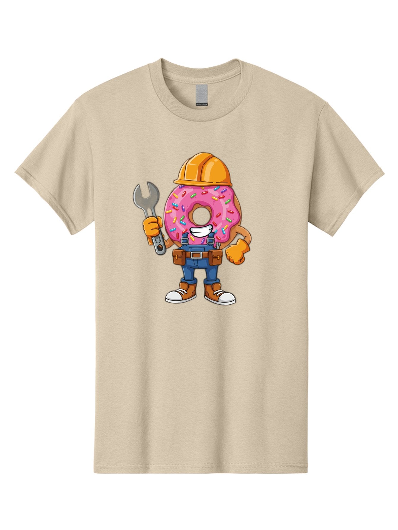 Donut-Handyman Men'S Graphic Tee, 100% Cotton, Comfortable Casual Summer Wear, Machine Washable, Pink Donut With Sprinkles, Construction Worker, Hard Hat, Wrench, Tool Belt, Blue Jeans, Work Boots, Donut Character, Tradesman, Funny Cartoon Baa509 10