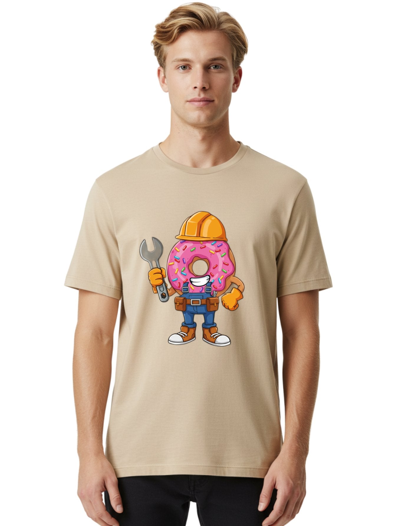 Donut-Handyman Men'S Graphic Tee, 100% Cotton, Comfortable Casual Summer Wear, Machine Washable, Pink Donut With Sprinkles, Construction Worker, Hard Hat, Wrench, Tool Belt, Blue Jeans, Work Boots, Donut Character, Tradesman, Funny Cartoon Baa509 17