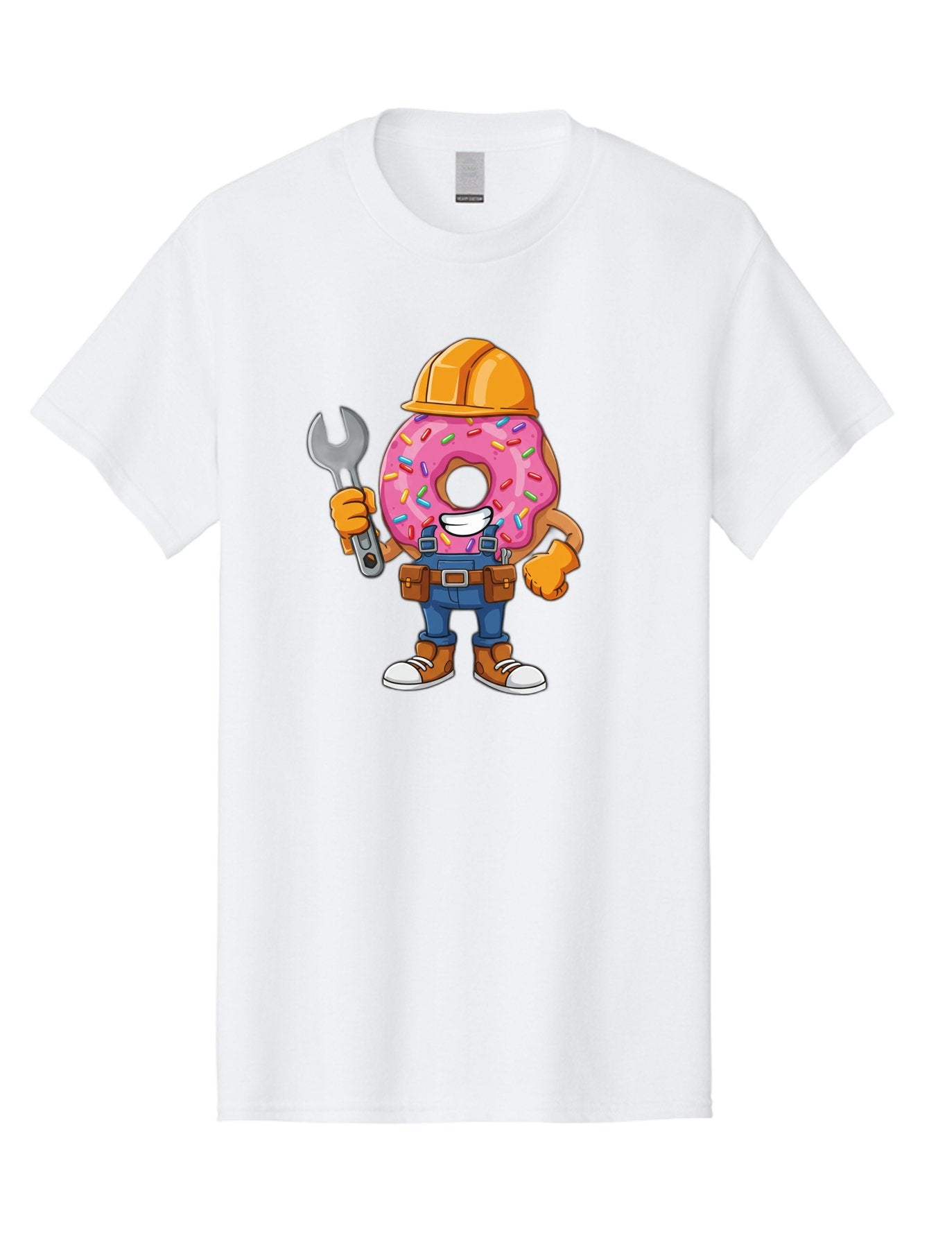 Donut-Handyman Men'S Graphic Tee, 100% Cotton, Comfortable Casual Summer Wear, Machine Washable, Pink Donut With Sprinkles, Construction Worker, Hard Hat, Wrench, Tool Belt, Blue Jeans, Work Boots, Donut Character, Tradesman, Funny Cartoon Baa509 4