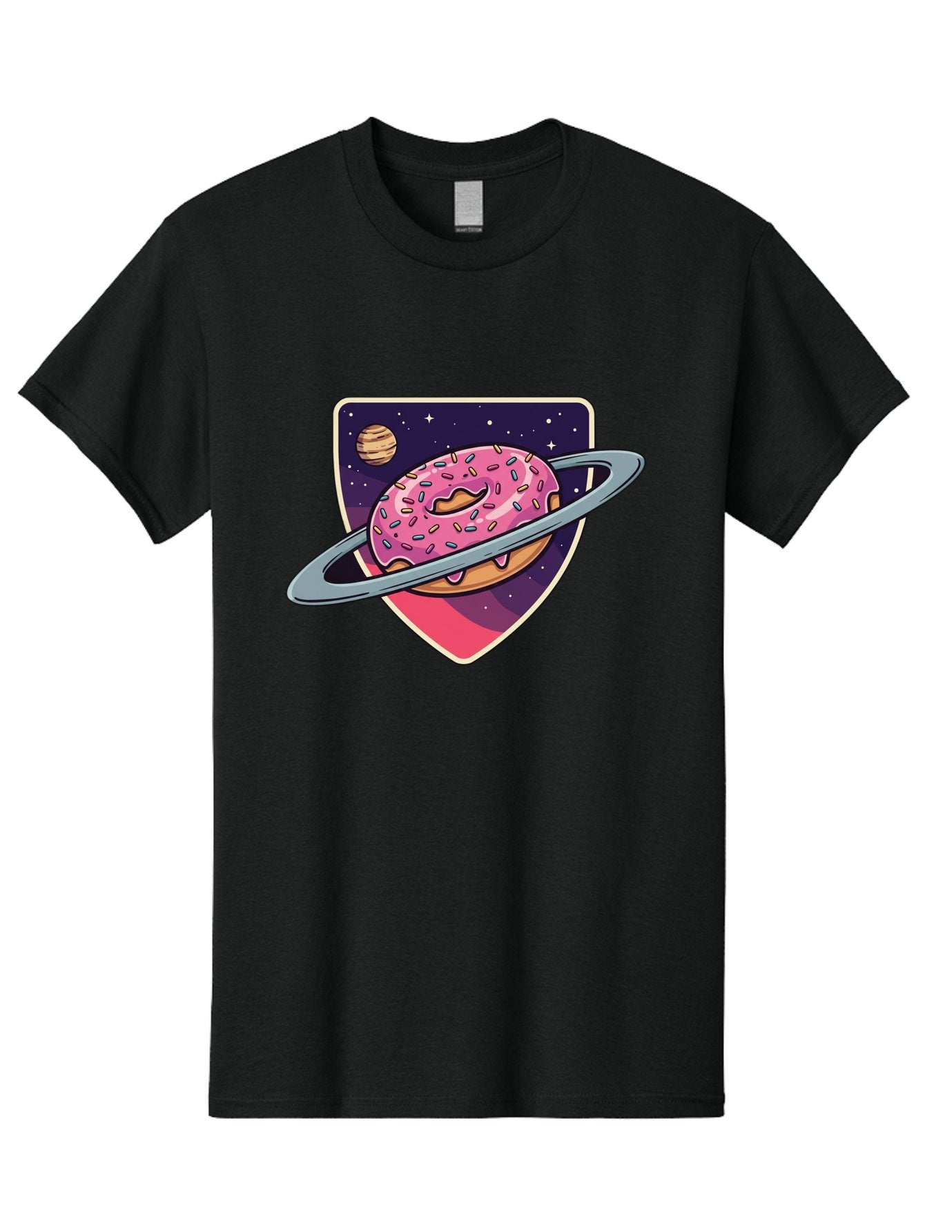 Donut-Planet Men'S Graphic Tee, 100% Cotton, Comfortable Casual Summer Wear, Machine Washable, Donut Saturn, Pink Frosted Donut, Sprinkles, Ringed Donut, Planet, Stars, Purple Shield, Whimsical, Fantastical, Surreal, Dessert Art, Sweet Treats, Baa510