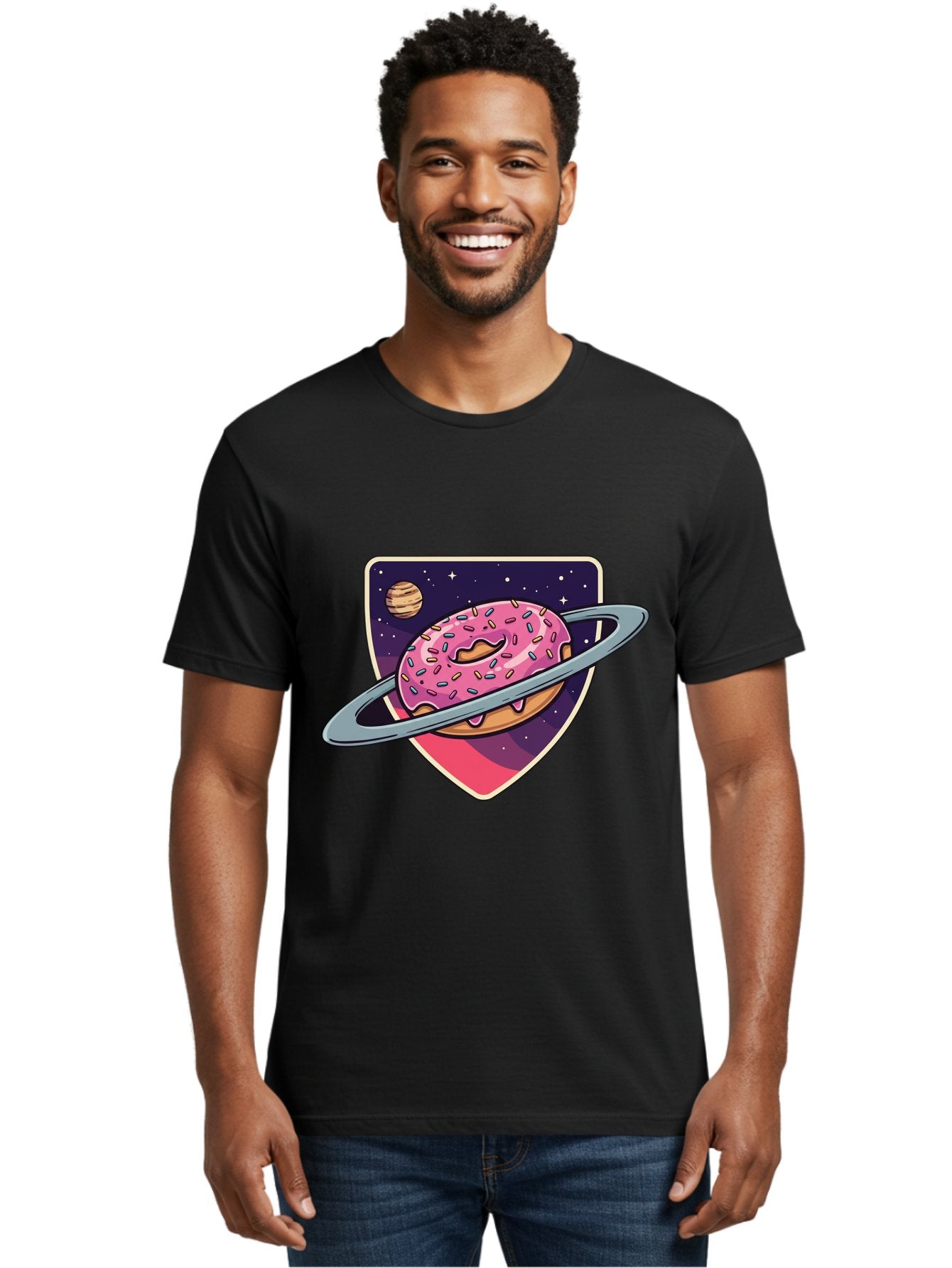 Donut-Planet Men'S Graphic Tee, 100% Cotton, Comfortable Casual Summer Wear, Machine Washable, Donut Saturn, Pink Frosted Donut, Sprinkles, Ringed Donut, Planet, Stars, Purple Shield, Whimsical, Fantastical, Surreal, Dessert Art, Sweet Treats, Baa510 19