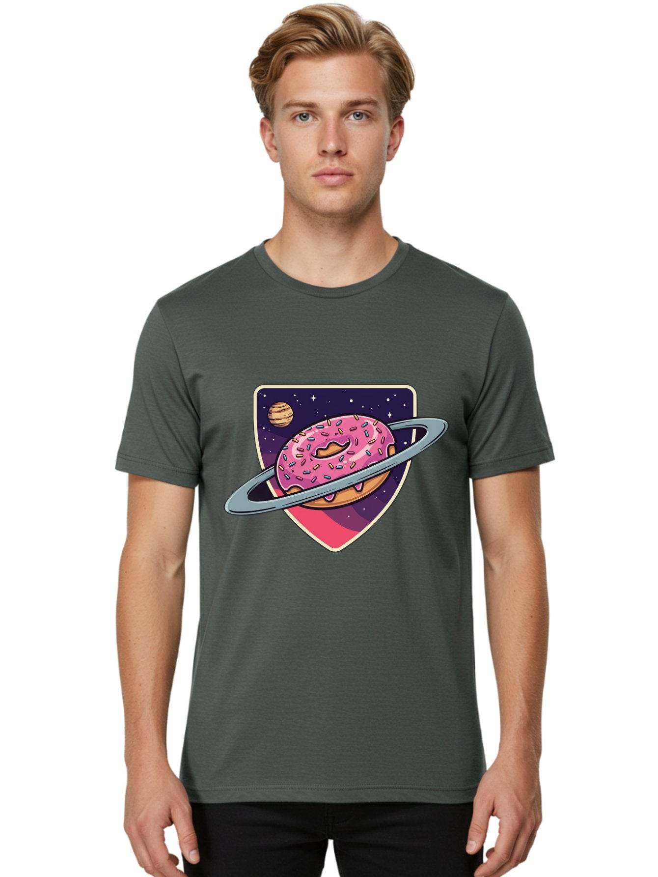 Donut-Planet Men'S Graphic Tee, 100% Cotton, Comfortable Casual Summer Wear, Machine Washable, Donut Saturn, Pink Frosted Donut, Sprinkles, Ringed Donut, Planet, Stars, Purple Shield, Whimsical, Fantastical, Surreal, Dessert Art, Sweet Treats, Baa510 16