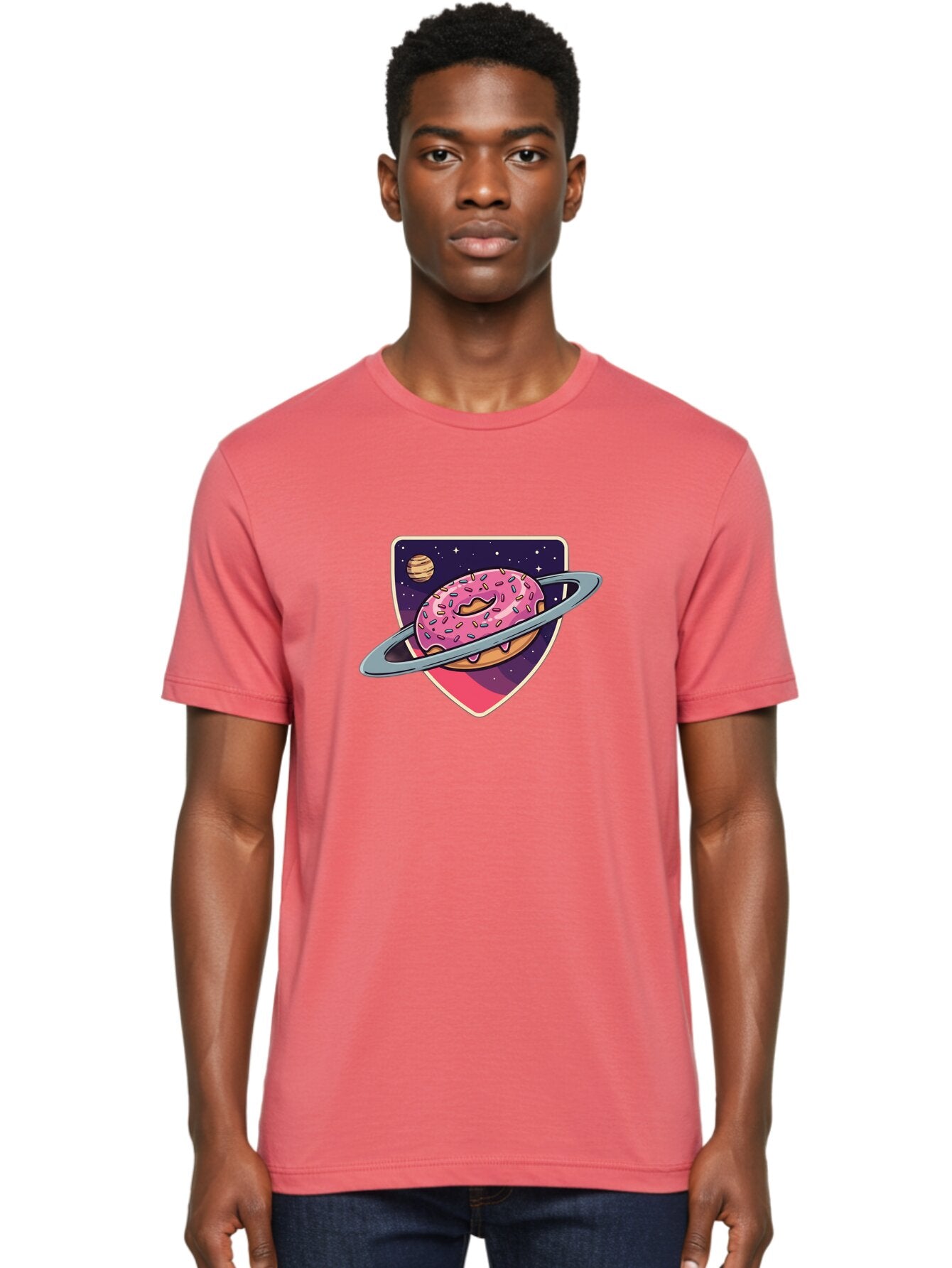 Donut-Planet Men'S Graphic Tee, 100% Cotton, Comfortable Casual Summer Wear, Machine Washable, Donut Saturn, Pink Frosted Donut, Sprinkles, Ringed Donut, Planet, Stars, Purple Shield, Whimsical, Fantastical, Surreal, Dessert Art, Sweet Treats, Baa510 28