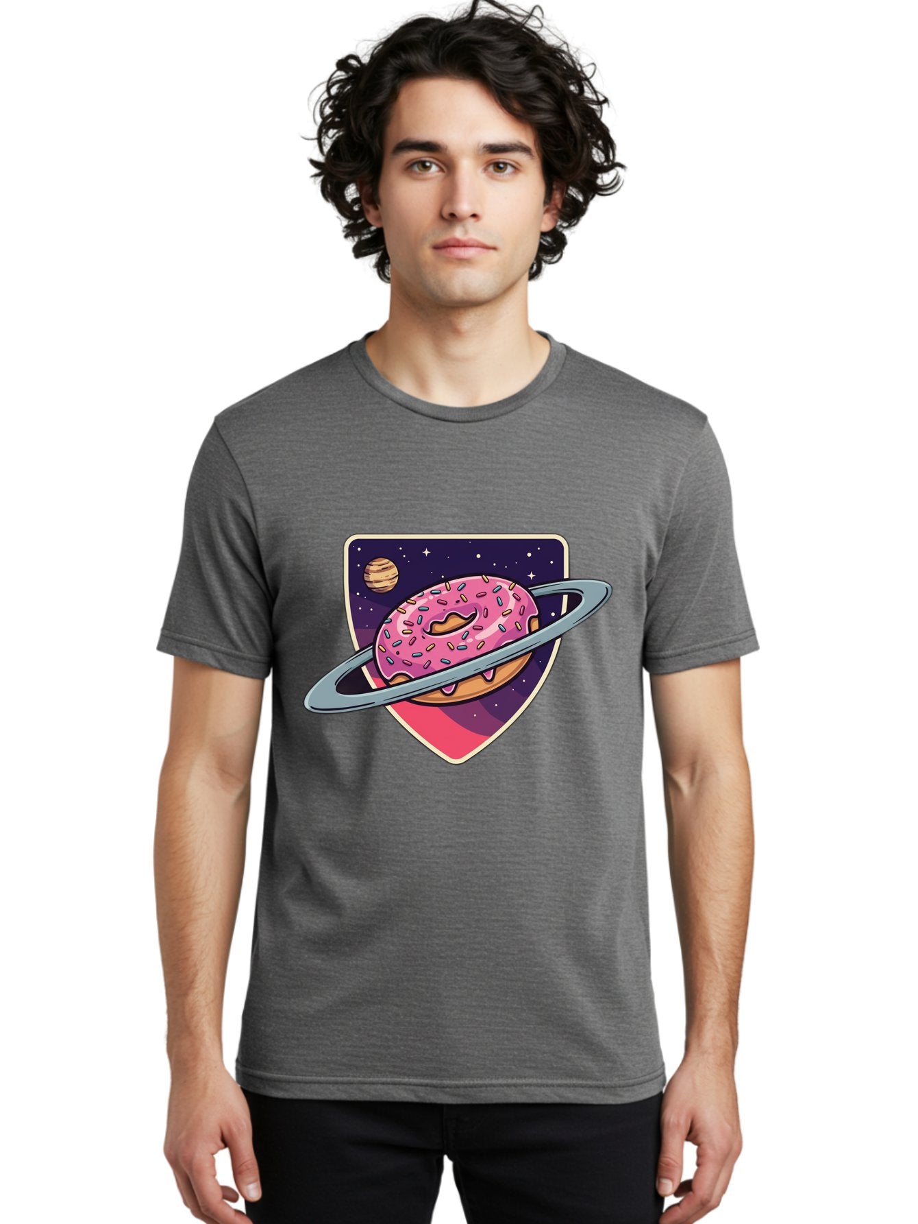 Donut-Planet Men'S Graphic Tee, 100% Cotton, Comfortable Casual Summer Wear, Machine Washable, Donut Saturn, Pink Frosted Donut, Sprinkles, Ringed Donut, Planet, Stars, Purple Shield, Whimsical, Fantastical, Surreal, Dessert Art, Sweet Treats, Baa510 21