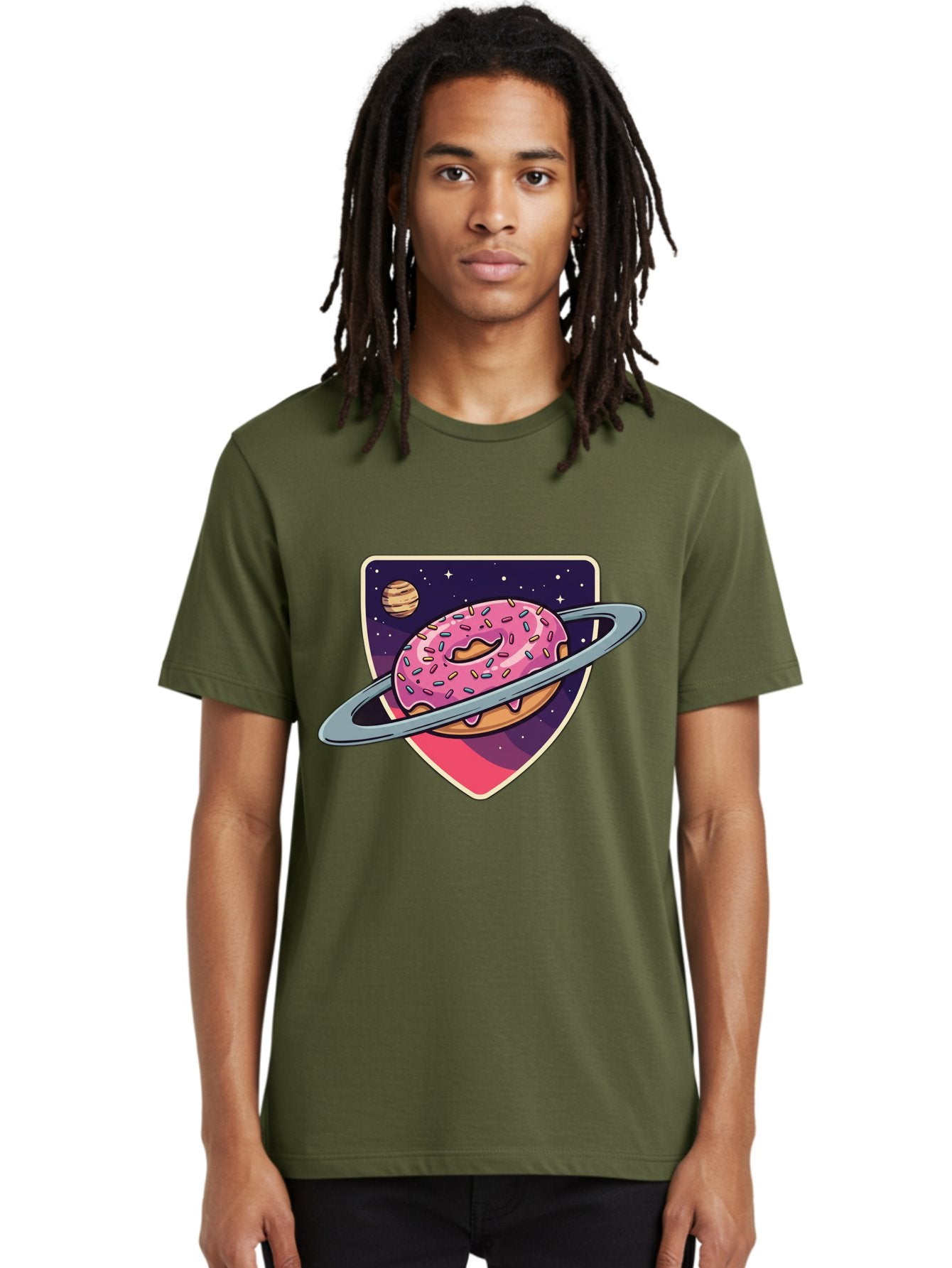 Donut-Planet Men'S Graphic Tee, 100% Cotton, Comfortable Casual Summer Wear, Machine Washable, Donut Saturn, Pink Frosted Donut, Sprinkles, Ringed Donut, Planet, Stars, Purple Shield, Whimsical, Fantastical, Surreal, Dessert Art, Sweet Treats, Baa510 17