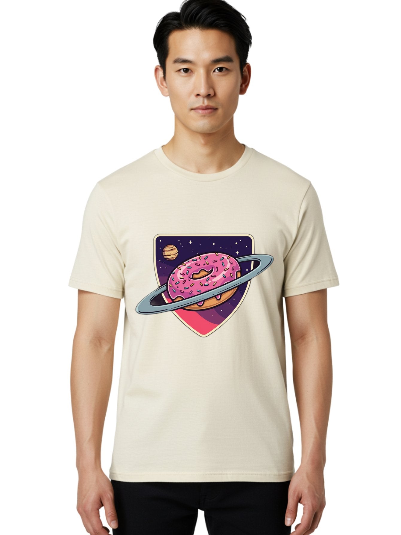 Donut-Planet Men'S Graphic Tee, 100% Cotton, Comfortable Casual Summer Wear, Machine Washable, Donut Saturn, Pink Frosted Donut, Sprinkles, Ringed Donut, Planet, Stars, Purple Shield, Whimsical, Fantastical, Surreal, Dessert Art, Sweet Treats, Baa510 24