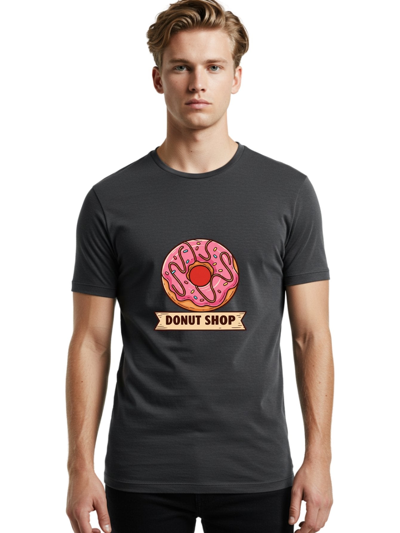 Donut-Shop-1 Men'S Graphic Tee, 100% Cotton, Comfortable Casual Summer Wear, Machine Washable, Pink Frosted Donut, Sprinkles, Sweet Treats, Donut Shop, Baked Goods, Tasty Pastries, Colorful Dessert, Indulgent Snack, Donut Lovers Baa512 23