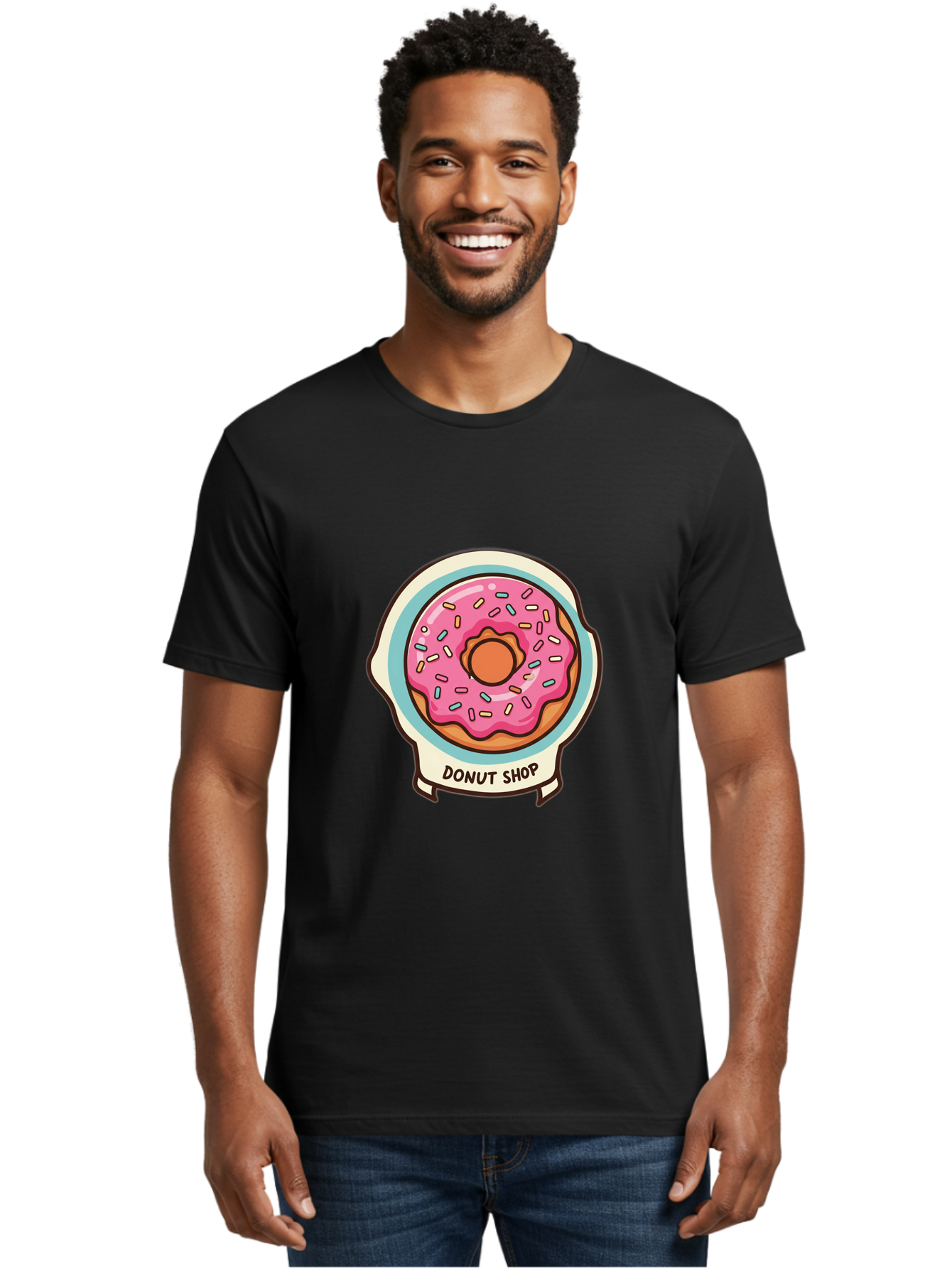 Donut-Shop Men'S Graphic Tee, 100% Cotton, Comfortable Casual Summer Wear, Machine Washable, Donut Shop, Pink Frosted Donut, Sprinkles, Sweet Treats, Baked Goods, Tasty Pastries, Donut Lover, Dessert Shop Baa513