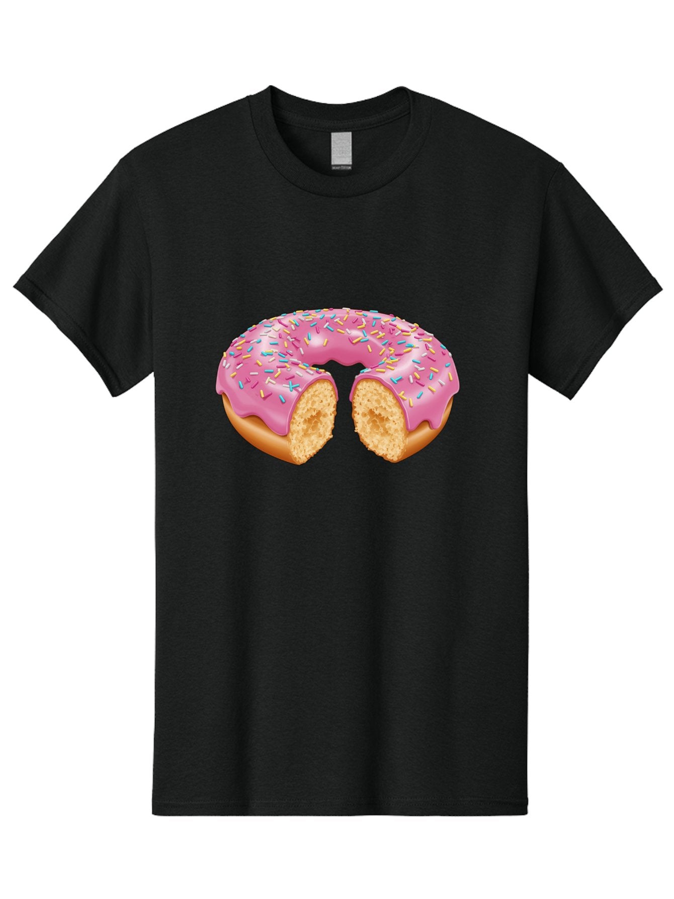 Donut-With-Pink-Frosting-And-Sprinkles-Cut-In-Half Men'S Graphic Tee, 100% Cotton, Comfortable Casual Summer Wear, Machine Washable, Pink Frosted Donut, Donut With Sprinkles, Bitten Donut, Sweet Treats, Dessert, Baked Goods, Tasty Donut, Baa515 13