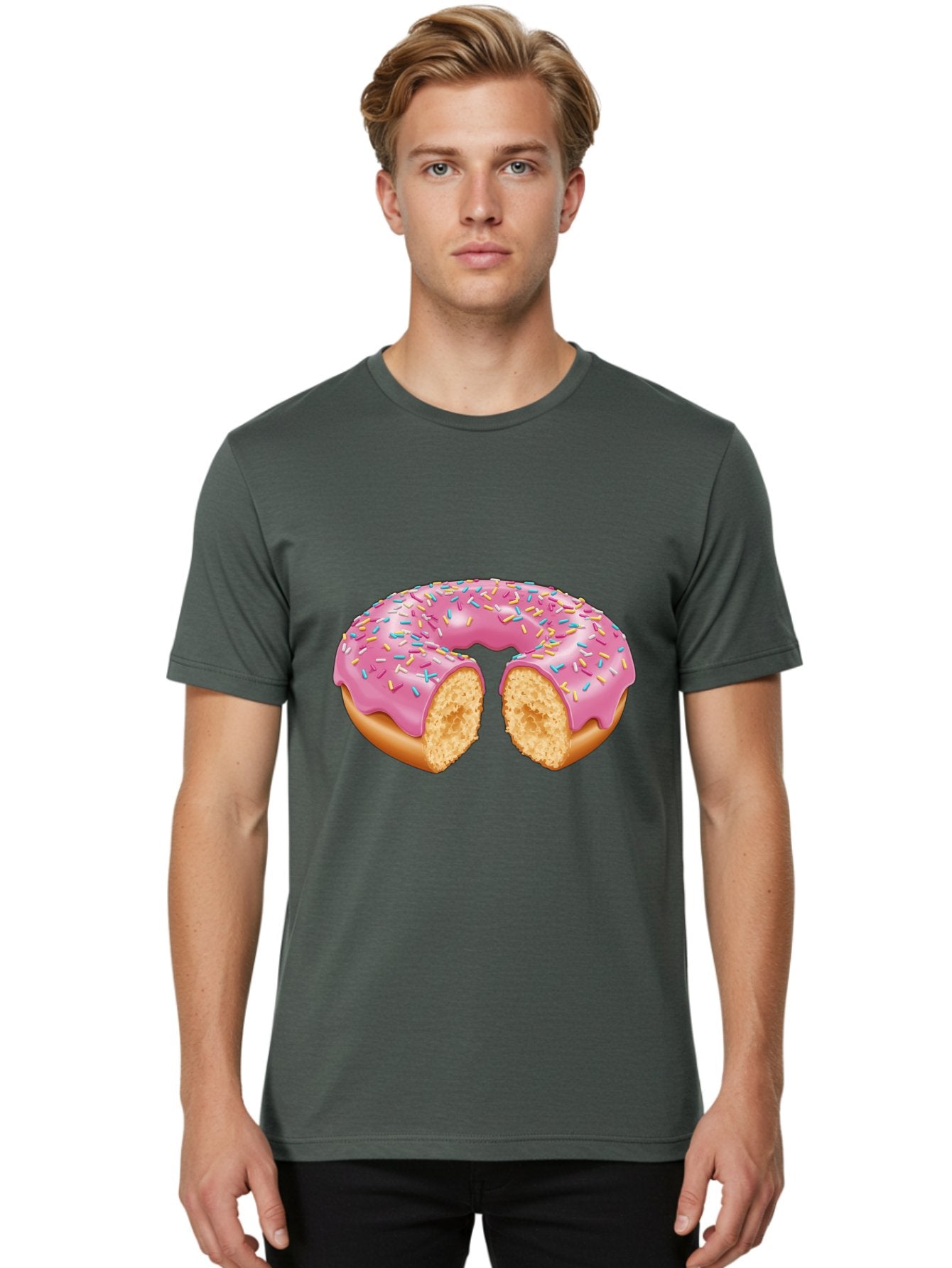 Donut-With-Pink-Frosting-And-Sprinkles-Cut-In-Half Men'S Graphic Tee, 100% Cotton, Comfortable Casual Summer Wear, Machine Washable, Pink Frosted Donut, Donut With Sprinkles, Bitten Donut, Sweet Treats, Dessert, Baked Goods, Tasty Donut, Baa515 29