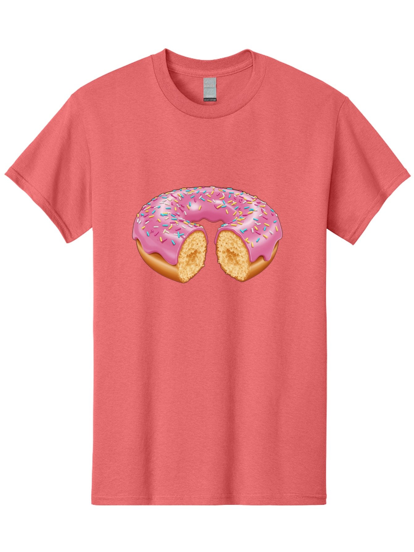 Donut-With-Pink-Frosting-And-Sprinkles-Cut-In-Half Men'S Graphic Tee, 100% Cotton, Comfortable Casual Summer Wear, Machine Washable, Pink Frosted Donut, Donut With Sprinkles, Bitten Donut, Sweet Treats, Dessert, Baked Goods, Tasty Donut, Baa515 8