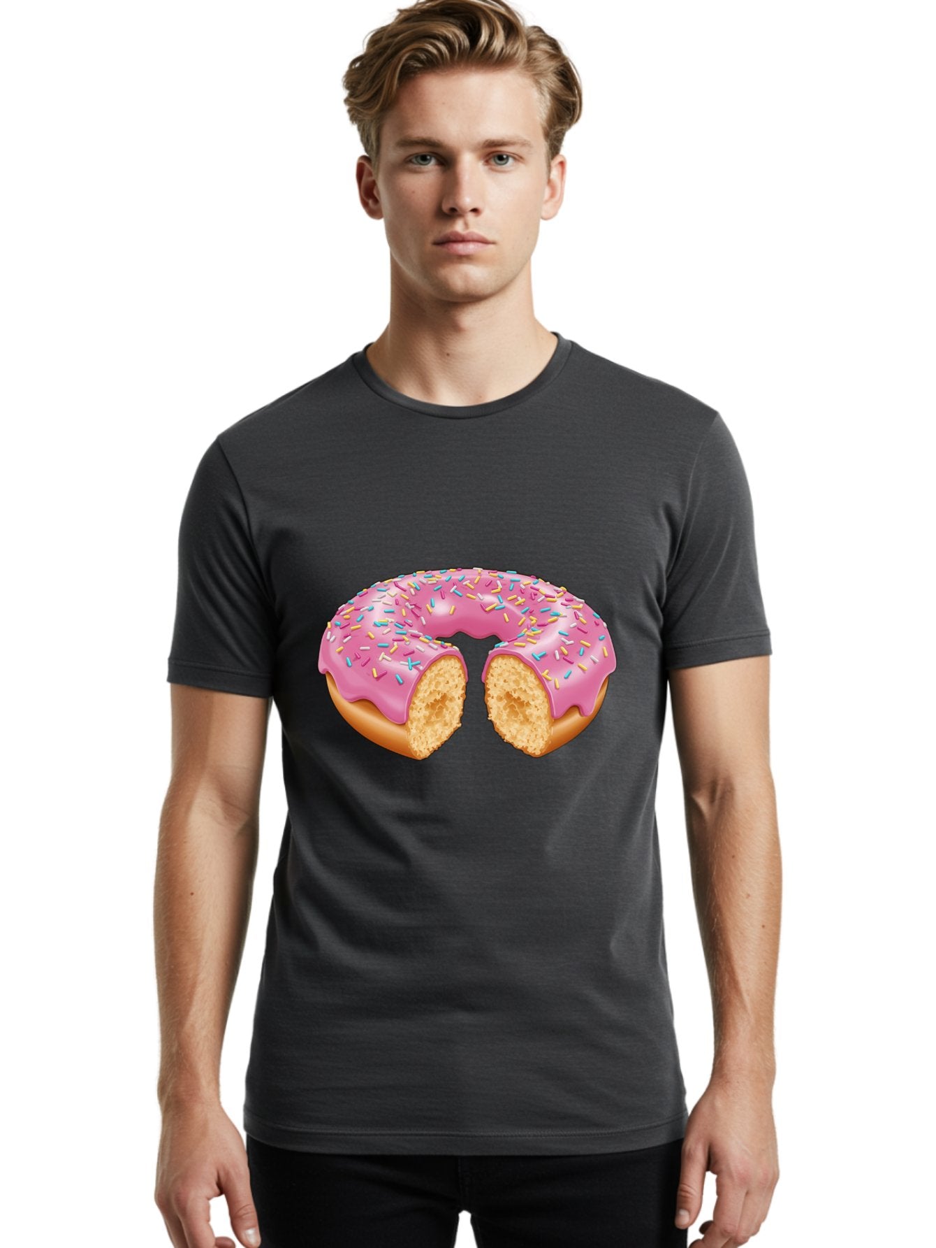 Donut-With-Pink-Frosting-And-Sprinkles-Cut-In-Half Men'S Graphic Tee, 100% Cotton, Comfortable Casual Summer Wear, Machine Washable, Pink Frosted Donut, Donut With Sprinkles, Bitten Donut, Sweet Treats, Dessert, Baked Goods, Tasty Donut, Baa515 19