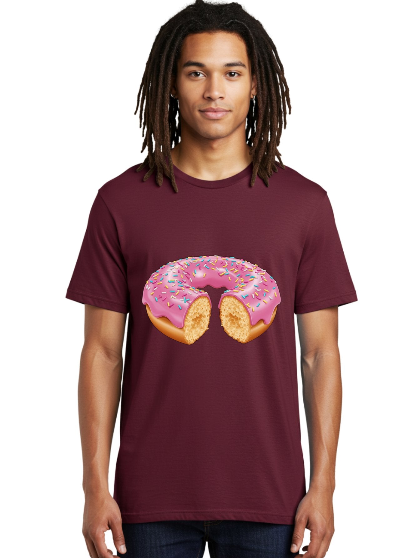 Donut-With-Pink-Frosting-And-Sprinkles-Cut-In-Half Men'S Graphic Tee, 100% Cotton, Comfortable Casual Summer Wear, Machine Washable, Pink Frosted Donut, Donut With Sprinkles, Bitten Donut, Sweet Treats, Dessert, Baked Goods, Tasty Donut, Baa515 16