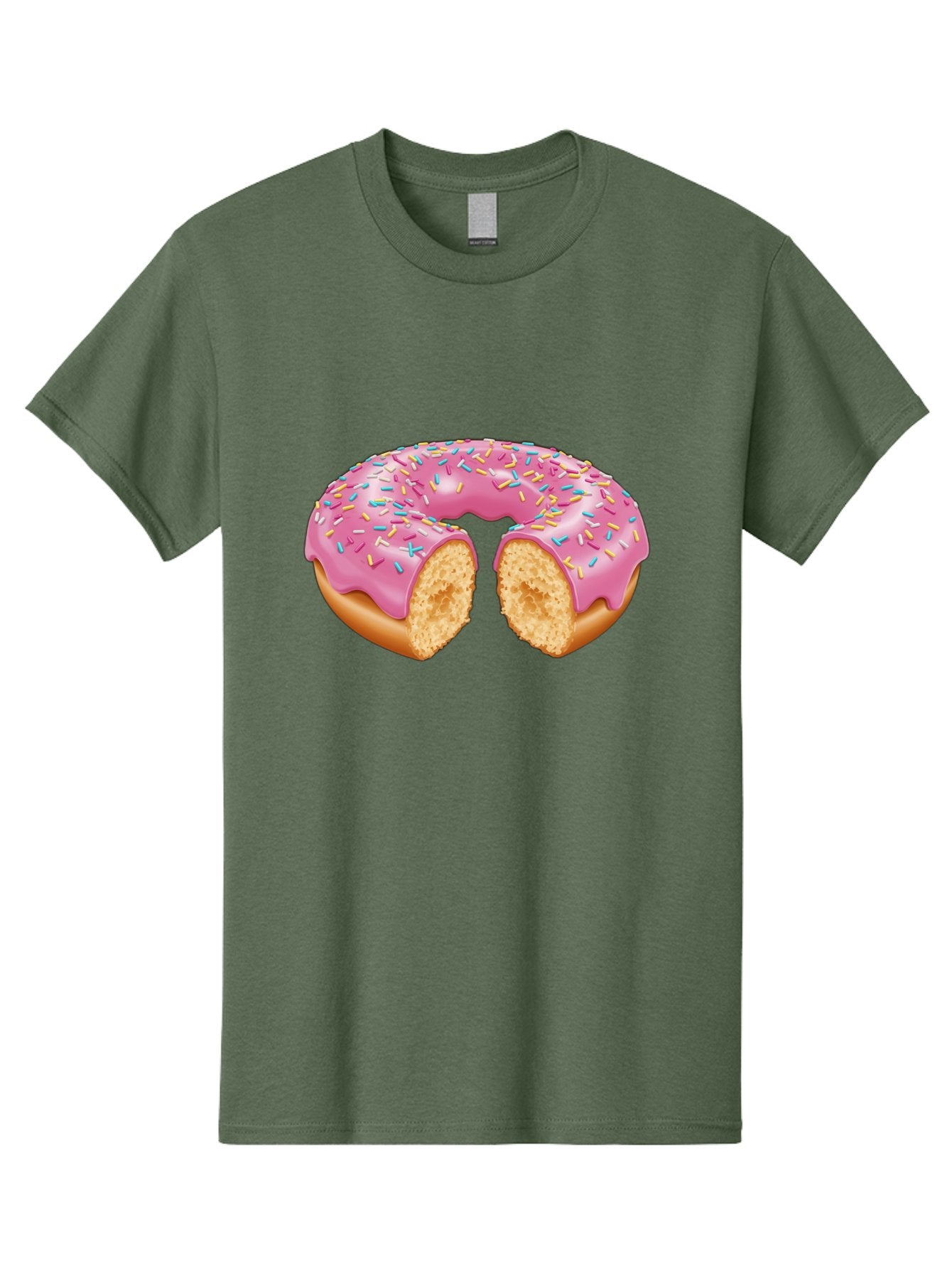 Donut-With-Pink-Frosting-And-Sprinkles-Cut-In-Half Men'S Graphic Tee, 100% Cotton, Comfortable Casual Summer Wear, Machine Washable, Pink Frosted Donut, Donut With Sprinkles, Bitten Donut, Sweet Treats, Dessert, Baked Goods, Tasty Donut, Baa515 9