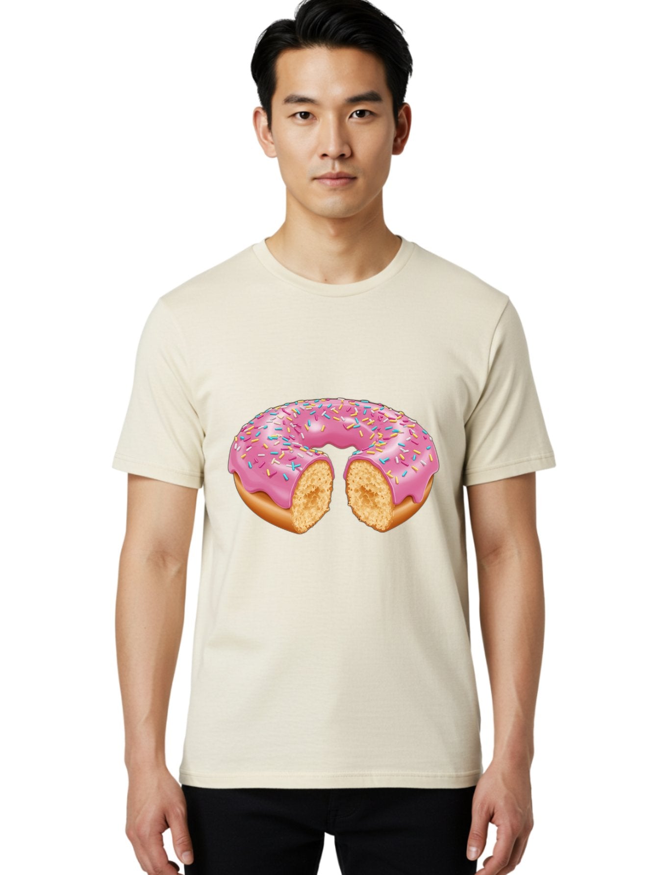 Donut-With-Pink-Frosting-And-Sprinkles-Cut-In-Half Men'S Graphic Tee, 100% Cotton, Comfortable Casual Summer Wear, Machine Washable, Pink Frosted Donut, Donut With Sprinkles, Bitten Donut, Sweet Treats, Dessert, Baked Goods, Tasty Donut, Baa515 22